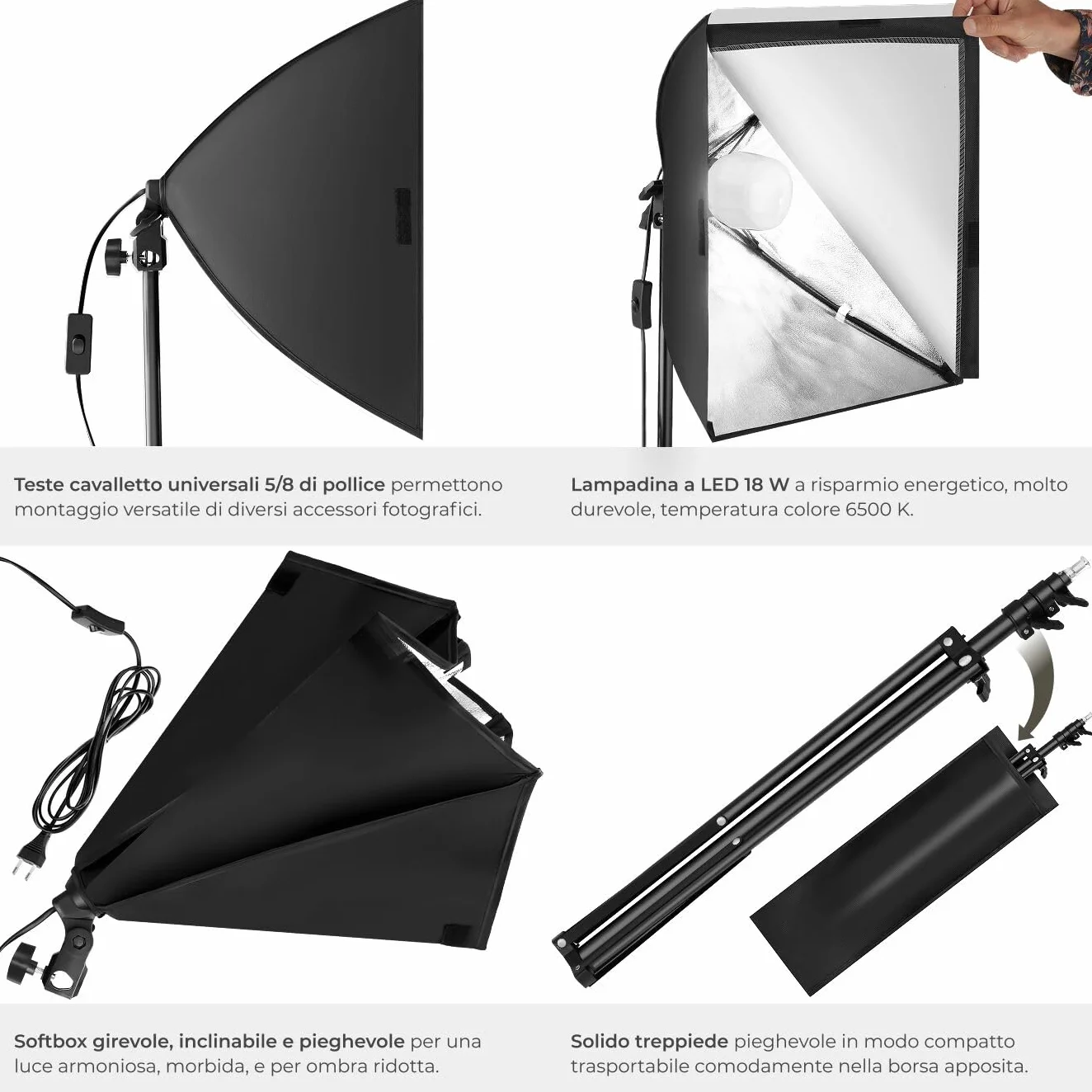 tectake® Luci da Studio Fotografico, Set Fotografico Portatile, Luce per Foto, 1 Stativo per Luci, 1 Lampada, 1 Softbox, Supporto in Alluminio, 1 Borsa per Trasporto – Nero