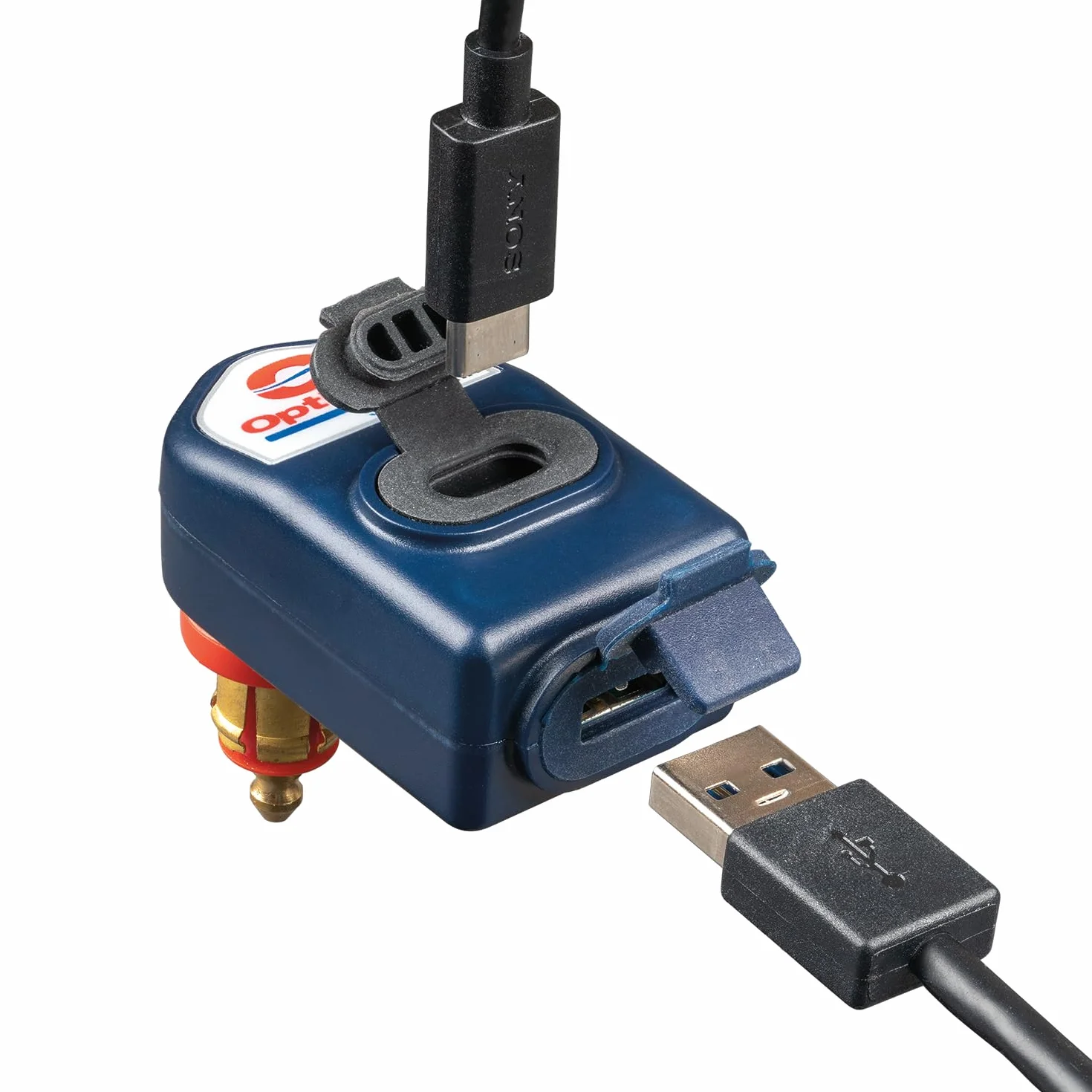 Optimate O-114 Caricatore, 3300 mA, doppia uscita, resistente alle intemperie, USB-A e C, con spina per bici