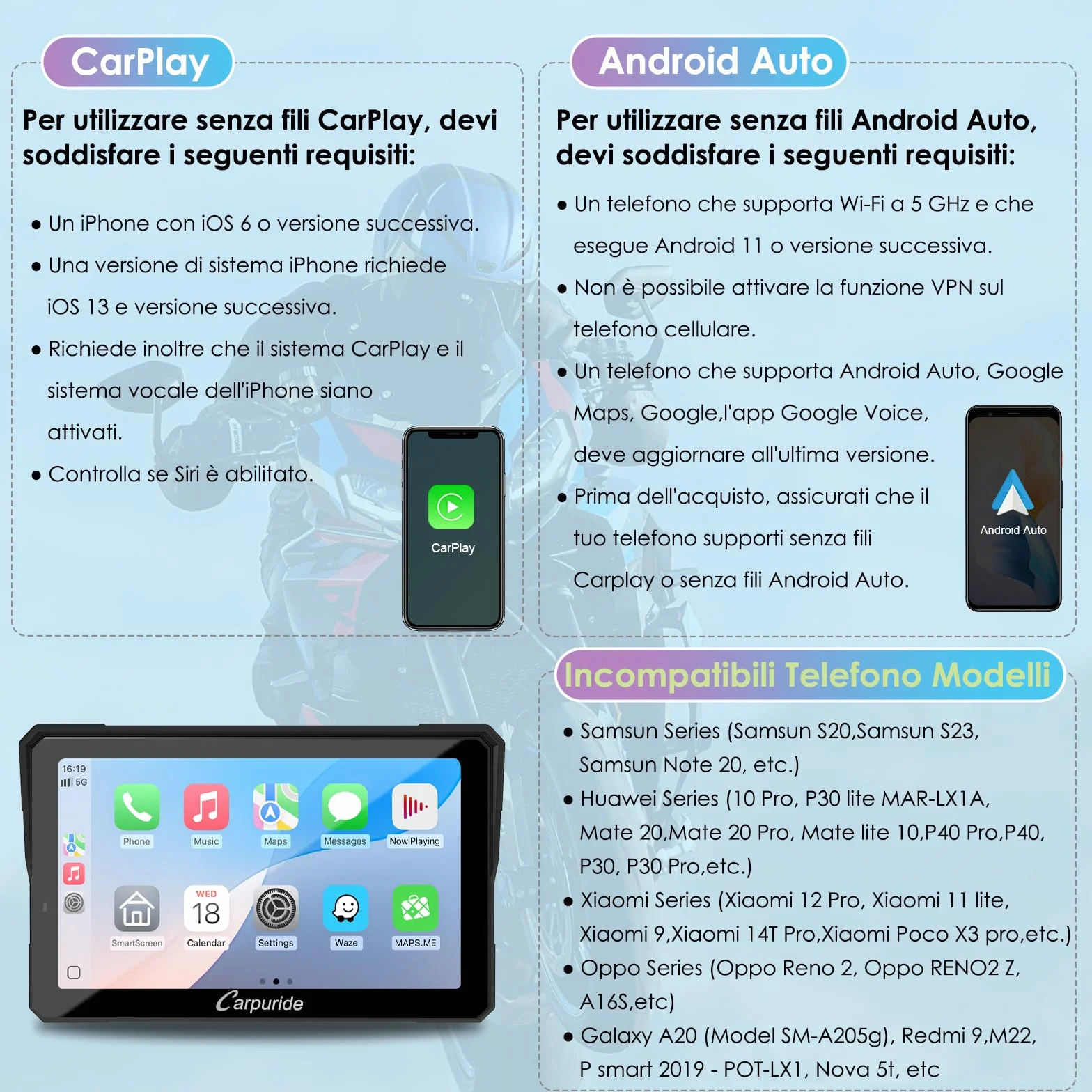 CARPURIDE W702S Pro Moto Carplay Schermo con BM05 Supporto per Plug-and-Play, Senza Fili CarPlay e Android Auto, 7" Impermeabile Touchscreen, Doppio Bluetooth, Cablato Controller, Bussola.