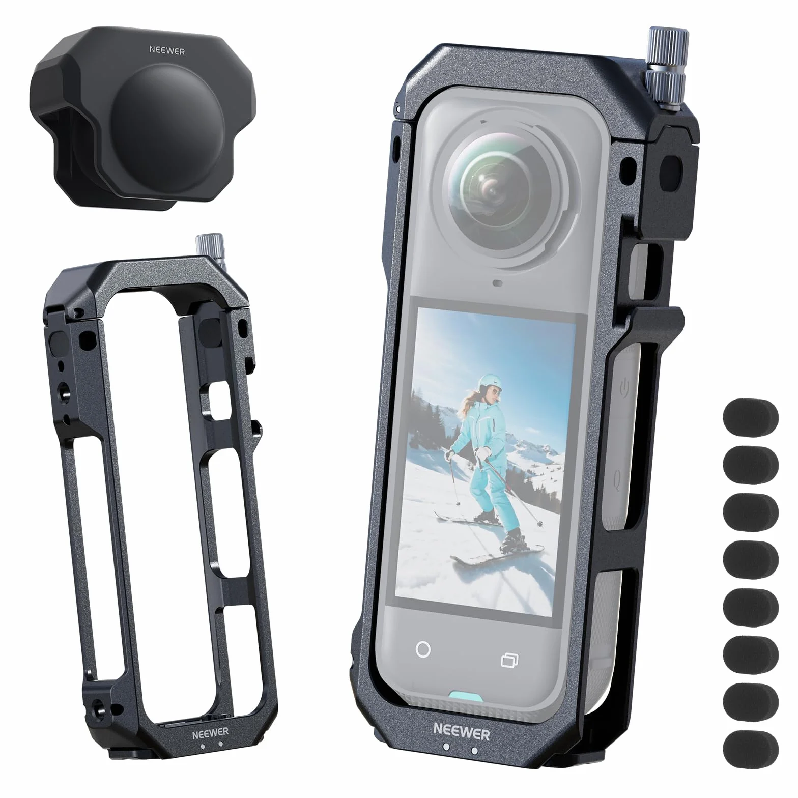 NEEWER Gabbia Fotografica per Insta360 X5, Custodia Protettiva, Telaio Lega Alluminio per Video Rig con Sgancio Rapido, Adattatore Montaggio, Filettature 1/4", Paraluce, Accessori per Action Camera