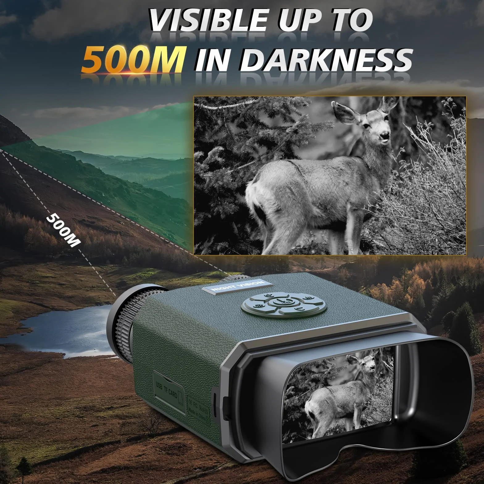 Binocolo Visione Notturna, Relassy 1080P HD Visore Notturno Digitale Infrarossi,Ricaricabile 3000mAh, 9-Livello Infrarossi, Zoom Digitale 6X, 3,5" TFT LCD Per Caccia, Birdwatching, Campeggio