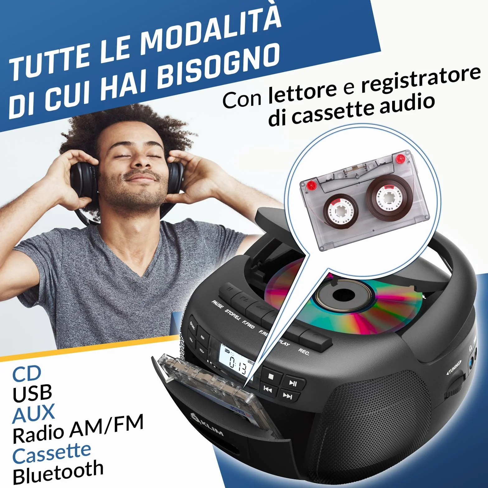 KLIM Lettore CD con USB Lettore Cassette Audio AM/FM Radio Bluetooth Stereo CD Player Telecomando Registrazione su Nastro AUX Radio Stereo per Casa Alimentazione AC/DC