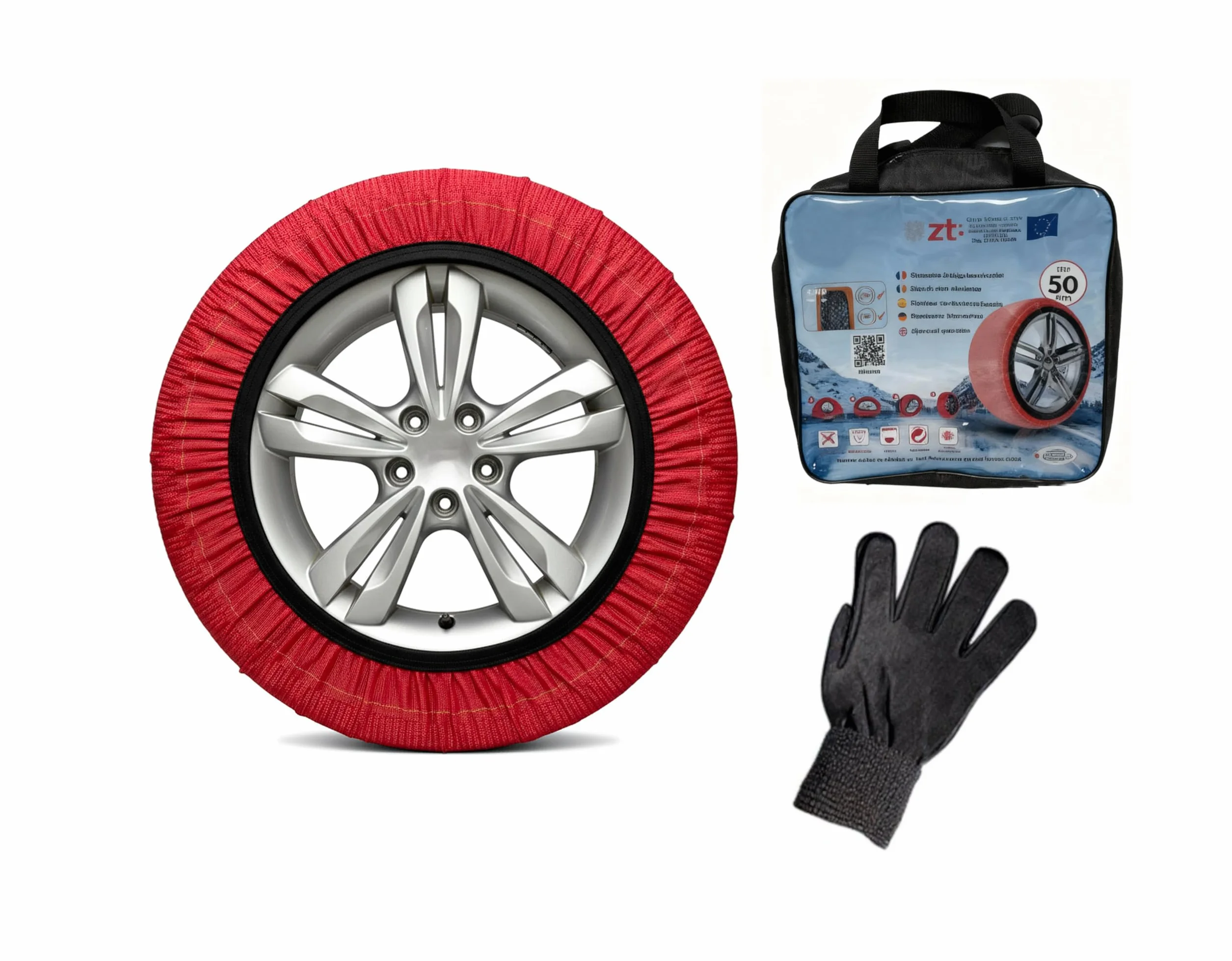 Calze Da Neve Auto Omologate EN 16662-1 Trazione Antiscivolo Su Neve E Ghiaccio Set Completo Rosso (L)