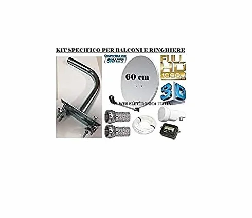 KIT PARABOLA SATELLITARE 60CM CON ACCESSORI KIT SPECIFICO PER BALCONI E RINGHIERE