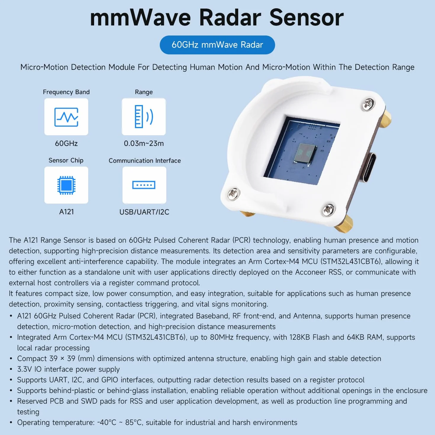 Waveshare A121 Range Sensor Box, A121 60GHz mmWave Radar Micro-Motion Detection Module, Based On Acconeer A121 Pulsed Coherent Radar (PCR) Sensor, Supports High-Precision Distance Measurements