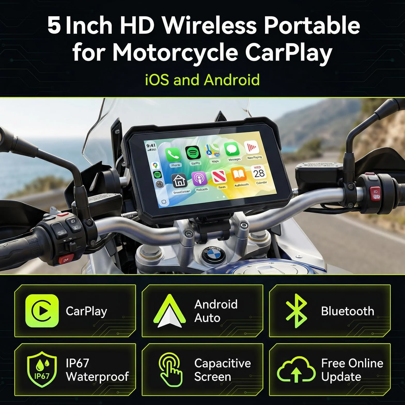 Rimoody Carplay Senza Fili Schermo per Moto 5 Pollici Touchscreen Autoradio Portatile IP68 Impermeabile Android Auto Bluetooth Rilevamento Pressione Pneumatici 12V