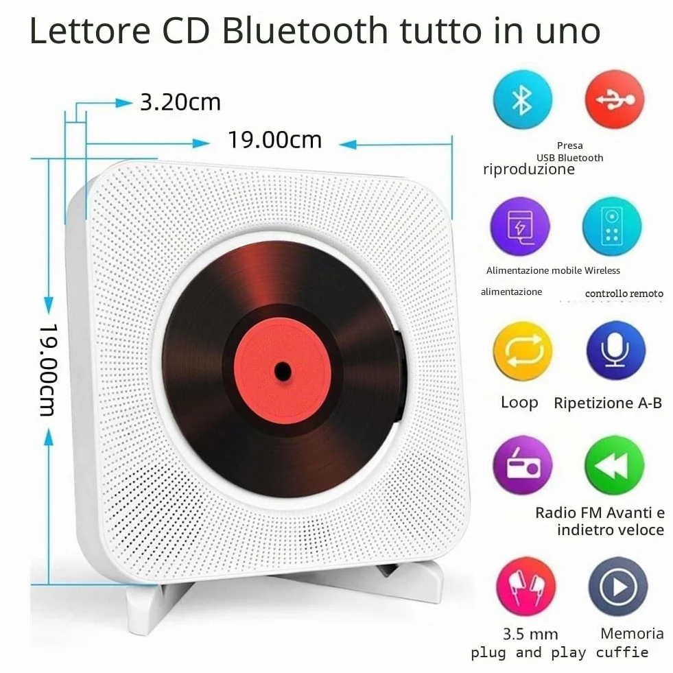 Lettore CD Portatile Bluetooth da Tavolo Montabile a Parete Altoparlanti Hifi Incorporati Boombox Audio Domestico con Telecomando (Bianco)