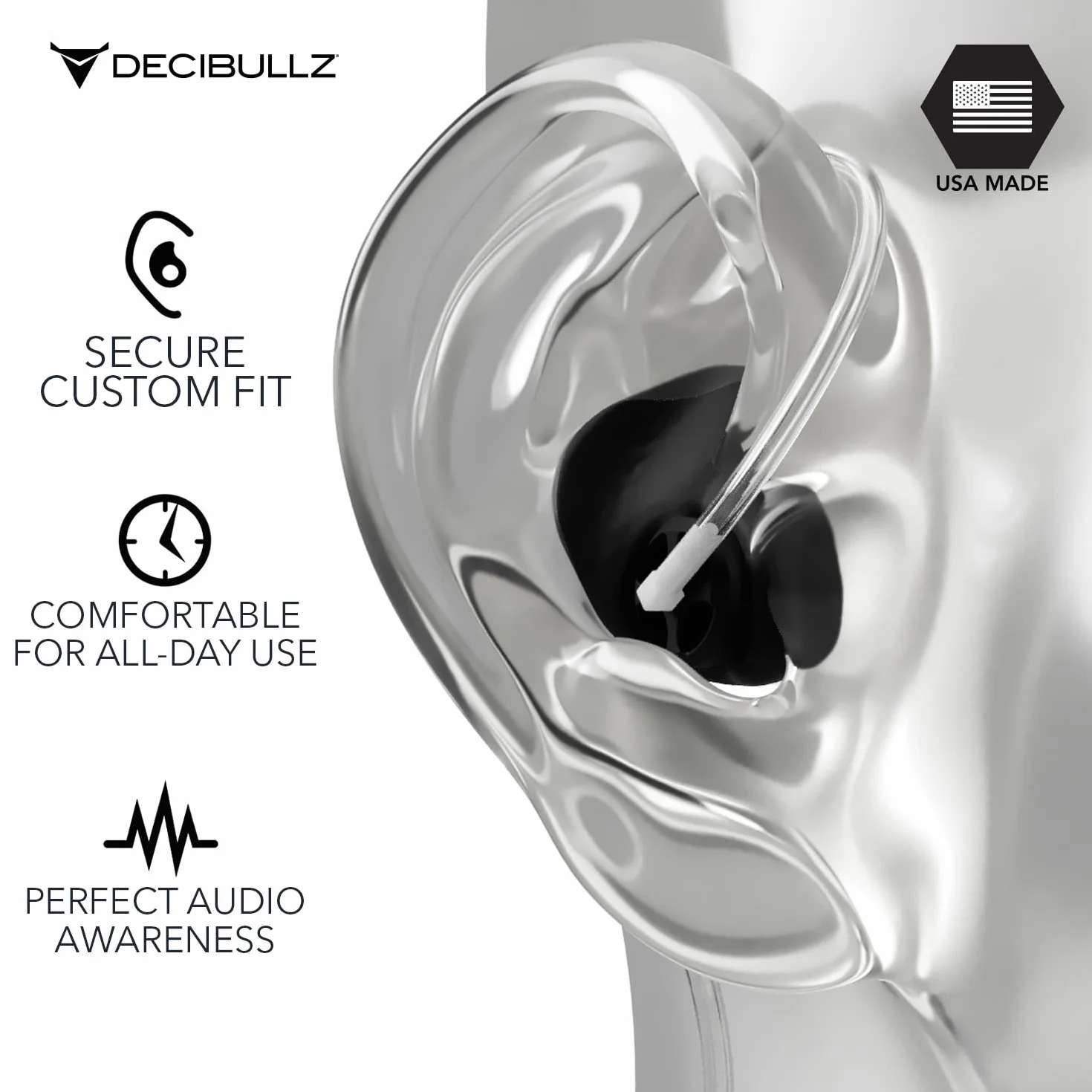 Decibullz Set di auricolari di sorveglianza bidirezionale di sicurezza modellati personalizzati, Thermo-Fit progettato per radio a tubo acustico trasparente | Modello: +Awareness