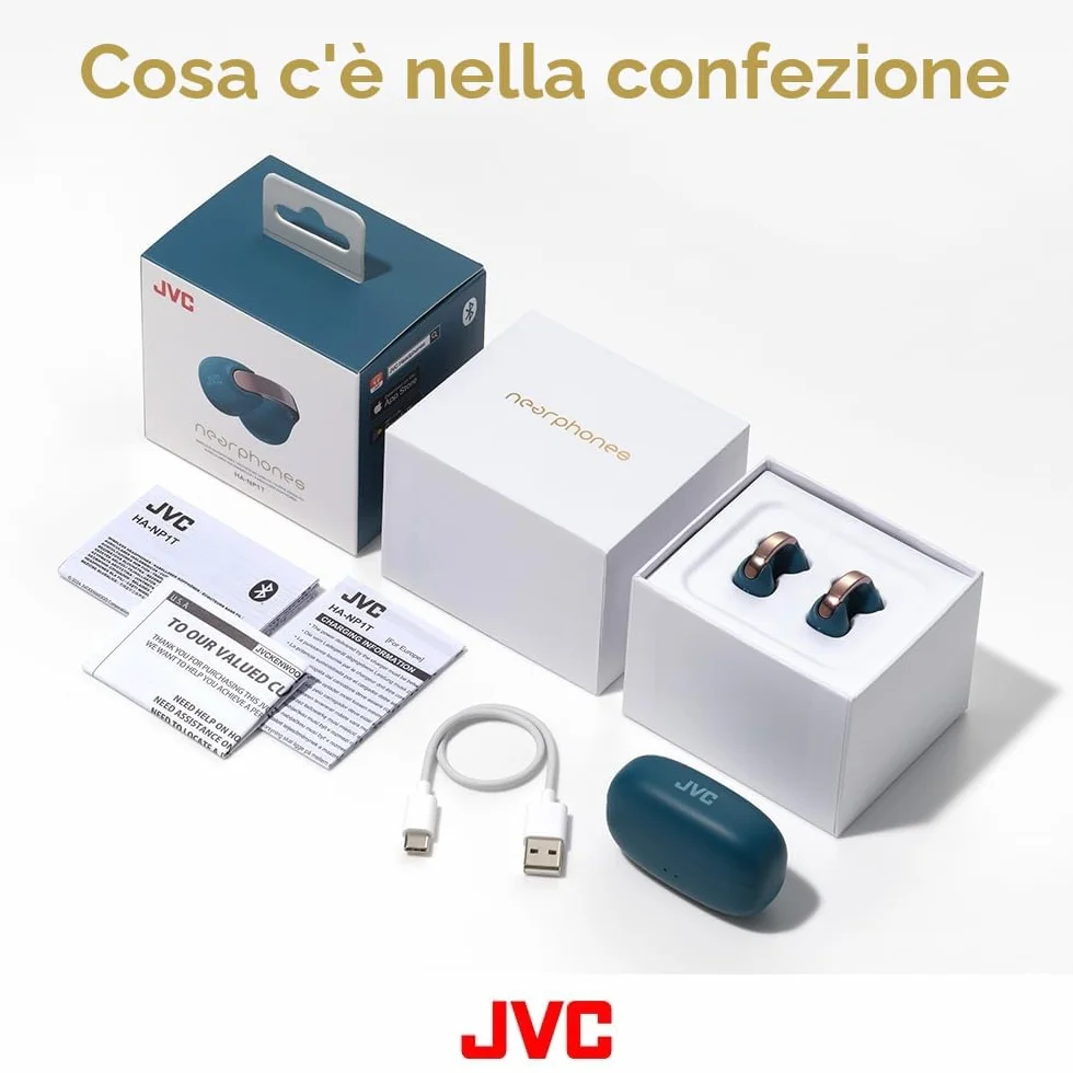 JVC Nearphones HA-NP1T-B, Cuffie in stile Earcuff con archetto lucido, vestibilità comoda, connessione multipoint, Bluetooth 5.3, autonomia di 24 ore, compatibili con app - Nero