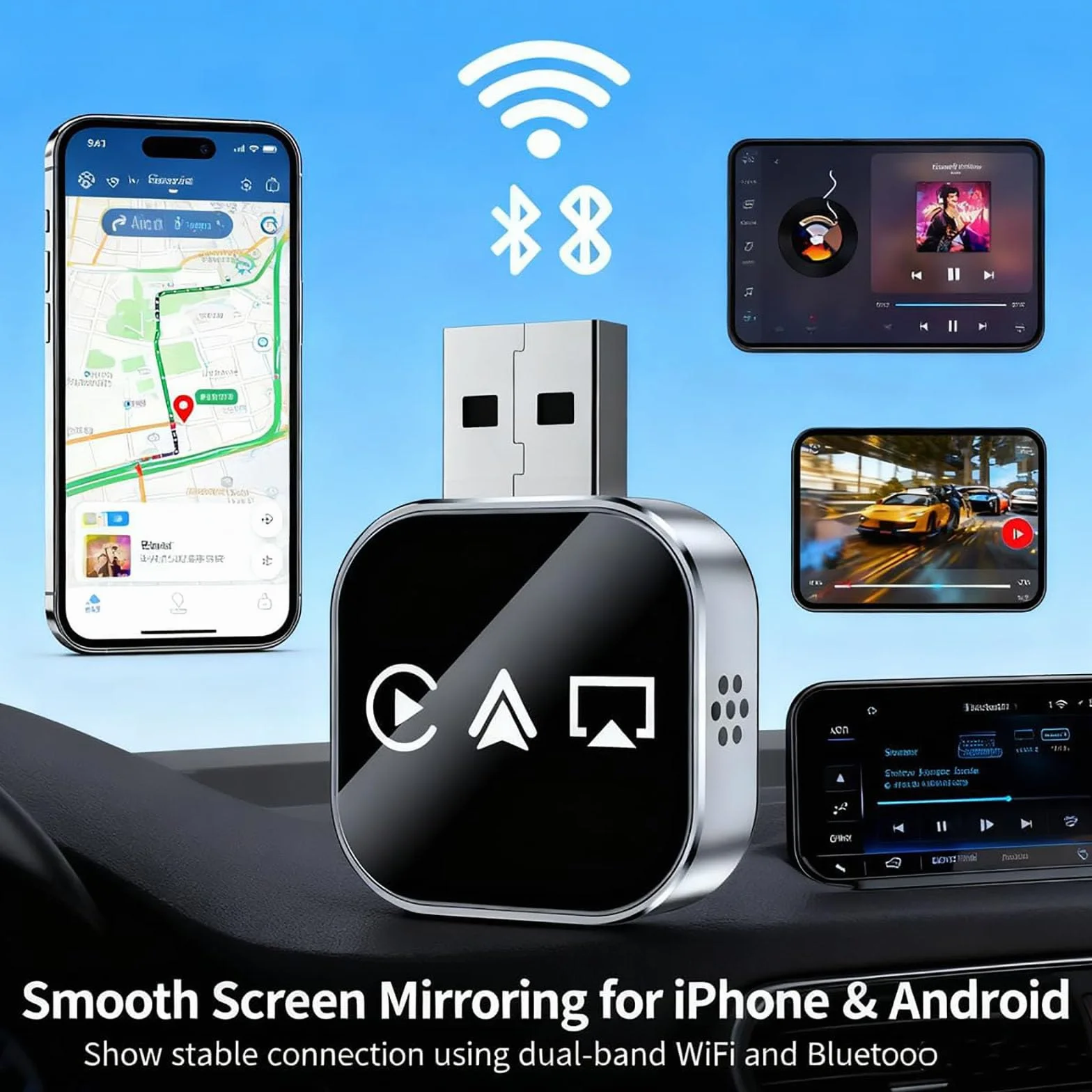 Adattatore 3 in 1 Kivont, Adattatore per auto 3 in 1 Kivont, Dongle CarPlay wireless aggiornato al 2026 con WiFi 2,4/5 GHz e Bluetooth 5.0, Plug and Play (for iPhone)