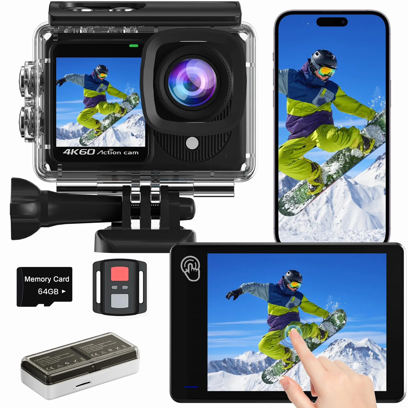Dualscreen 4K60FPS Action Cam con scheda 64G, Fotocamera Subacquea 40M,48MP Touchscreen WiFi Videocamera con EIS, zoom 8X, impermeabile Telecamera Sportiva con 2 batterie da 1350 mAh