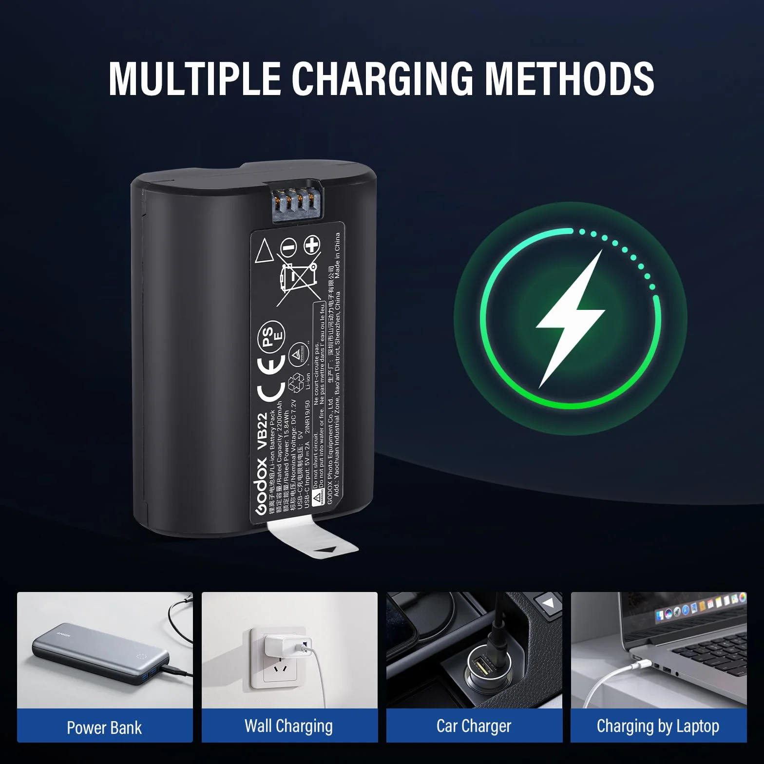 Godox Batteria al Litio VB22 Battery 7,2 V 2200 mAh compatibile con Flash Fotocamera V480 V350