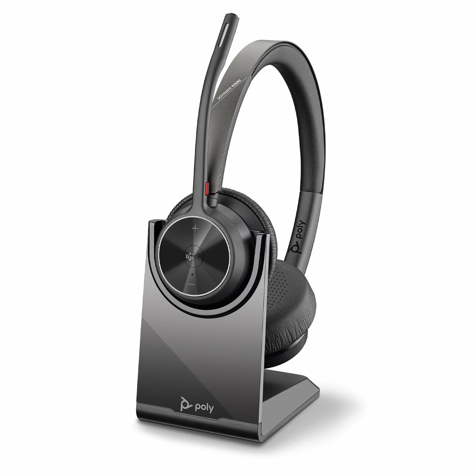 Poly Voyager 4320 UC, Cuffia Senza Filo, Connessione Bluetooth 5.1 e Dongle USB-C BT700, Cuscinetti in Similpelle, Autonomia 24 Ore, Base per Ricarica, Compatibile con Windows 10 e macOS, Nero