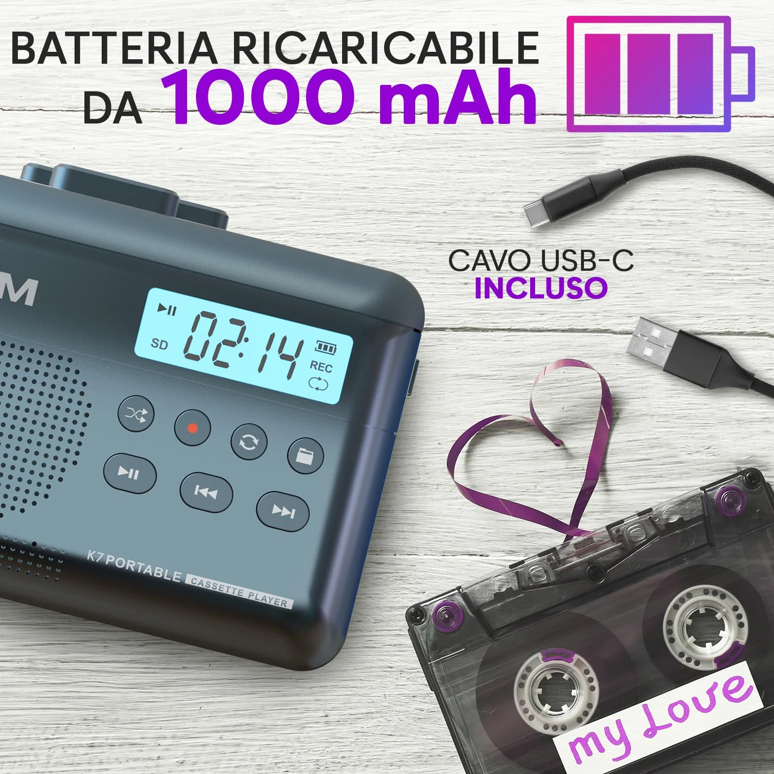 K7 Cassette Player - Convertitore Cassette MP3 - Lettore Cassette Audio Portatile - Microfono e Altoparlante Incorporati - Batteria Ricaricabile - Auricolari - Scheda SD da 16 GB - Blu