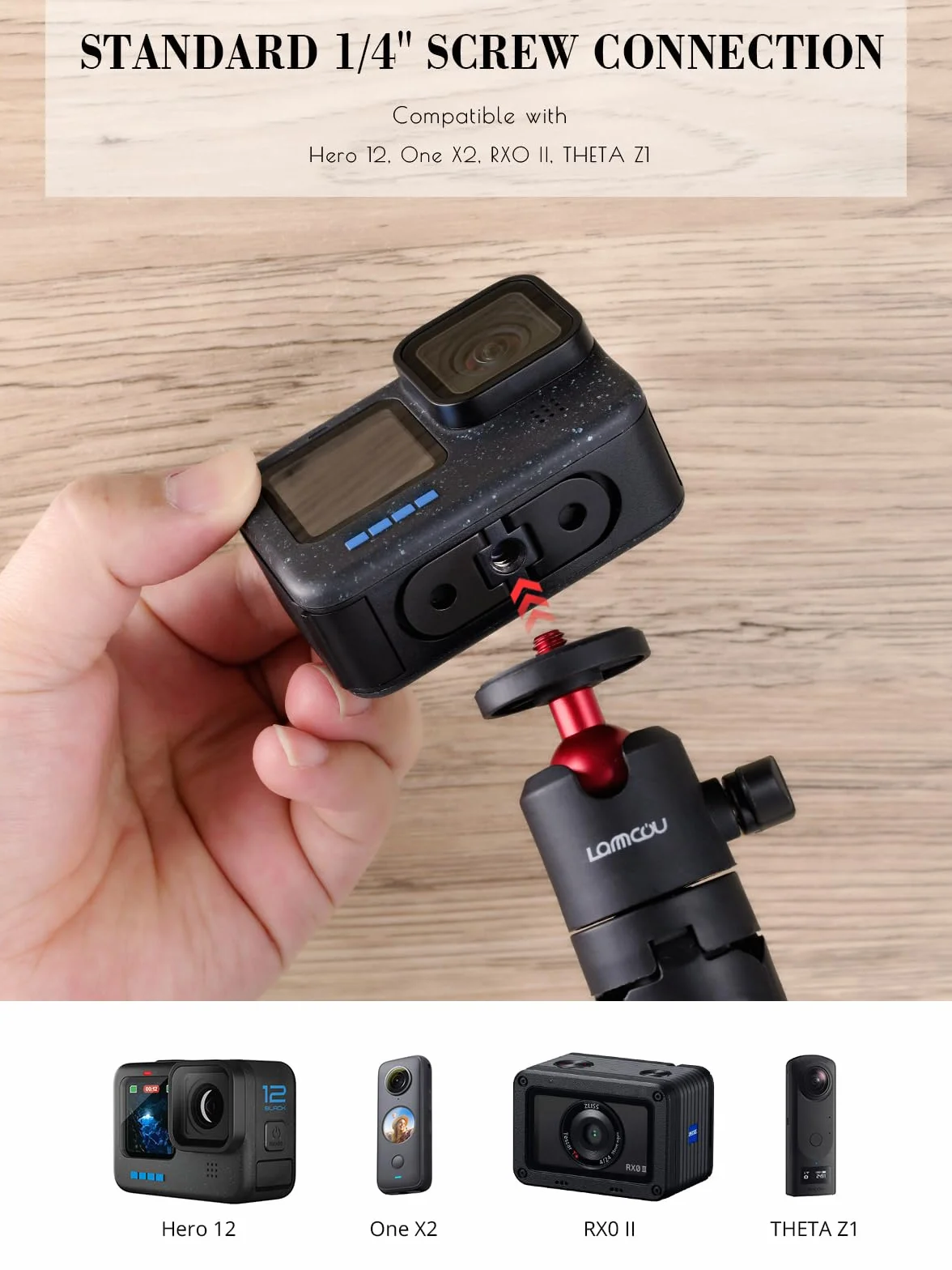 Lammcou Mini treppiede Actioncam con asta di prolunga, Selfie Stick Vlog Grip e adattatore per treppiede per Hero 13 12 11 10 9 8 7 Go3 Go2 X3 X2 Selfie Tripod