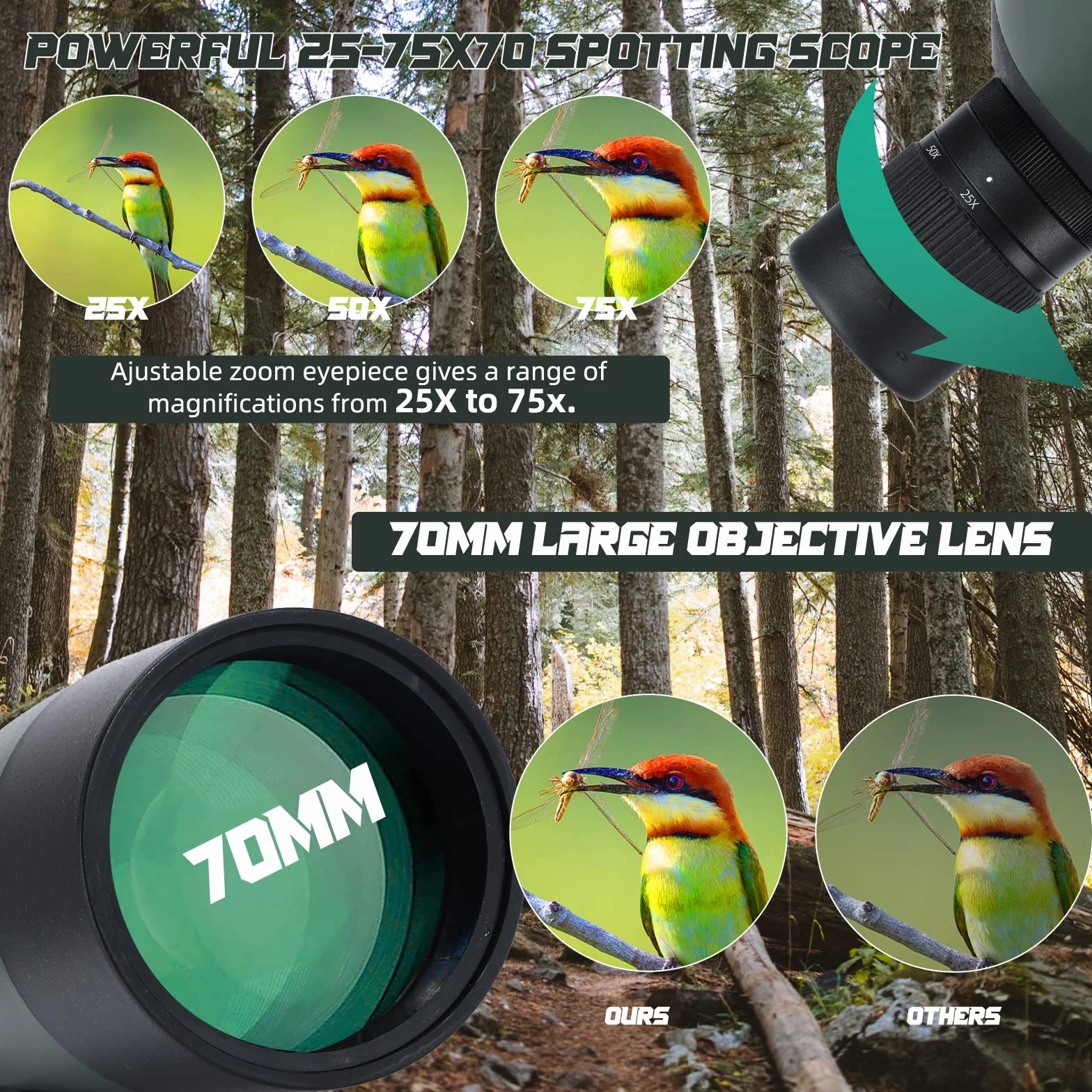 25-75x70 Cannocchiale con Treppiede, Borsa per il Trasporto e Adattatore per Smartphone - Cannocchiale Monoculare Impermeabile per Birdwatching, Tiro a segno, Tiro con Arco, Caccia