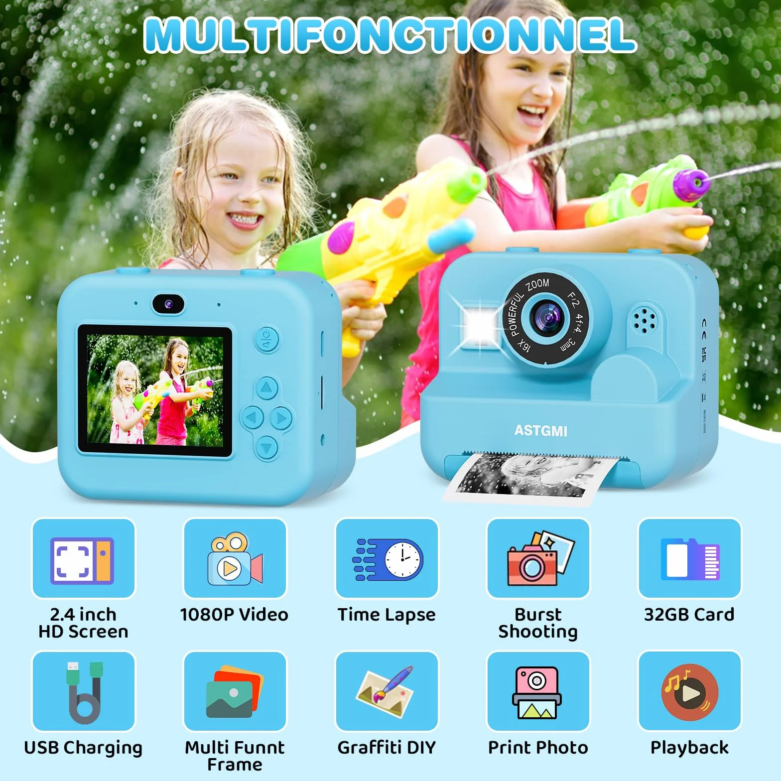 Fotocamera istantanea per bambini con selfie, fotocamera compatta 1080P HD, stampa istantanea di foto, regalo di compleanno, regalo di Natale, giocattolo a partire da 3, 4, 5, 6, 8, 7, 9, 10, 11 anni
