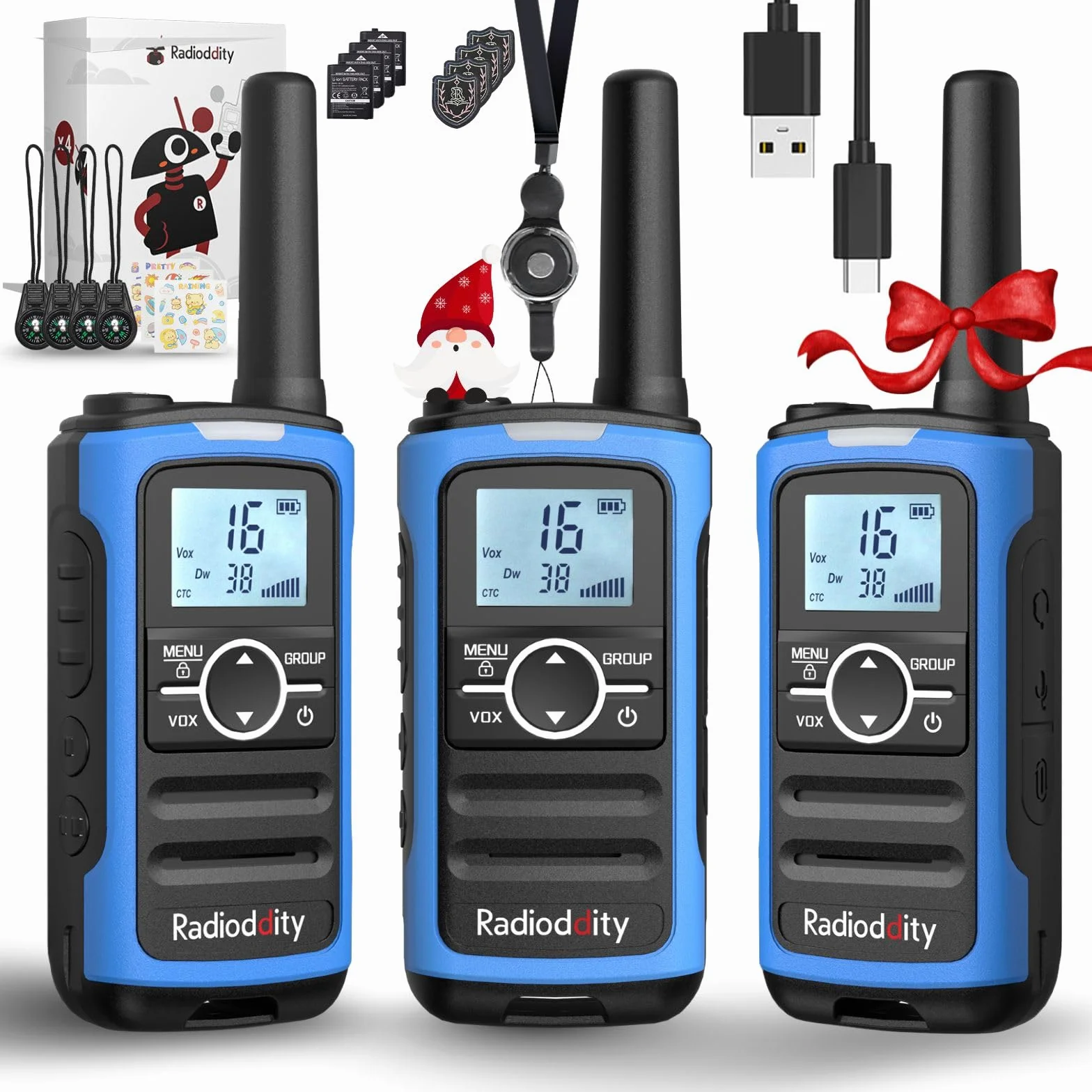 Radioddity PR-T8 Walkie Talkie per bambini, radio PMR446 ricaricabile a lungo raggio con chiamata di gruppo, batteria da 2000 mAh, ricarica USB-C, per escursionismo e campeggio, confezione da 3 pezzi