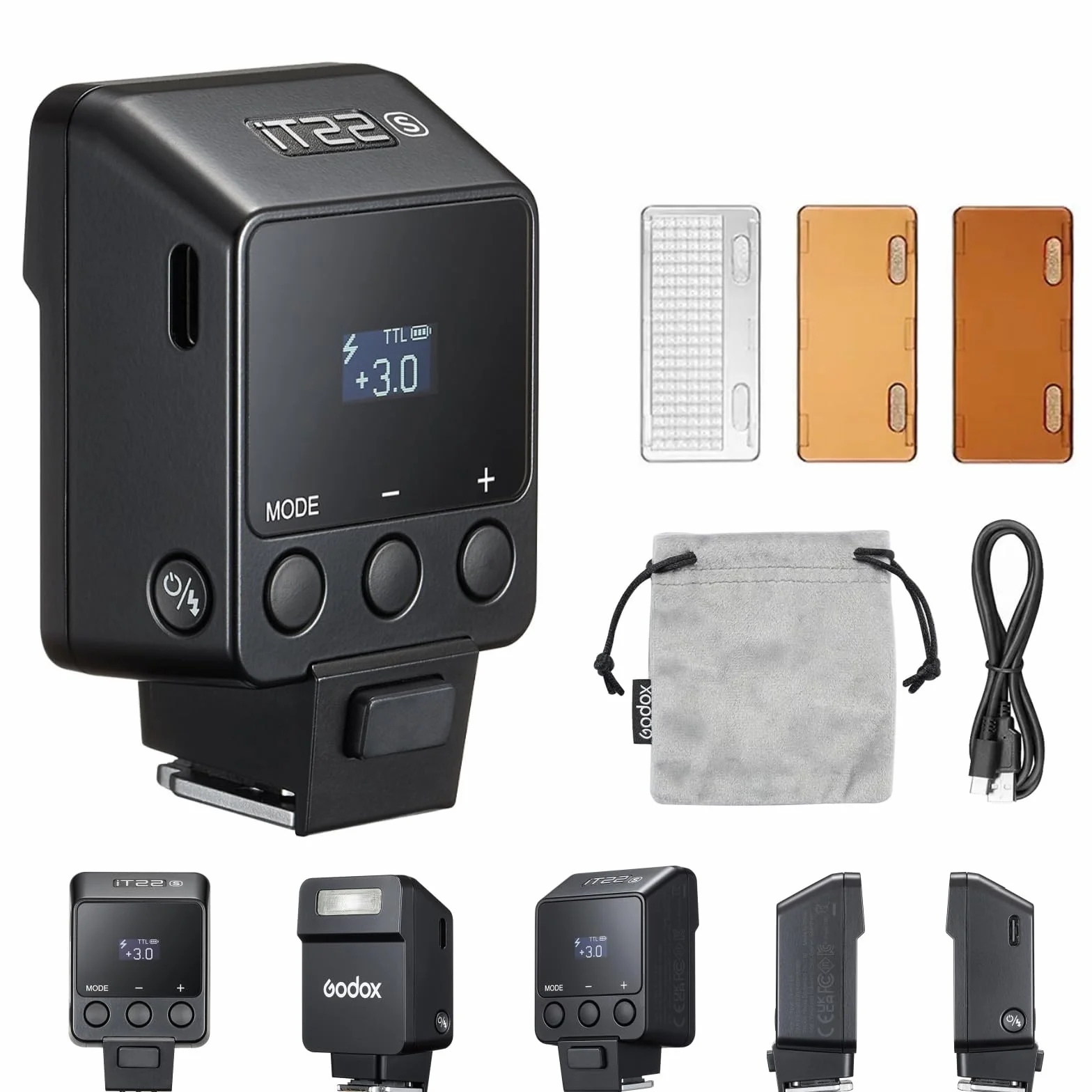 Godox iT22S Flash TTL per fotocamere Sony, 1/8000 s HSS, 700 flash a piena potenza, tempo di ricarica di 1,5 s, flash Speedlite con diffusori magnetici e filtri colorati (nero)