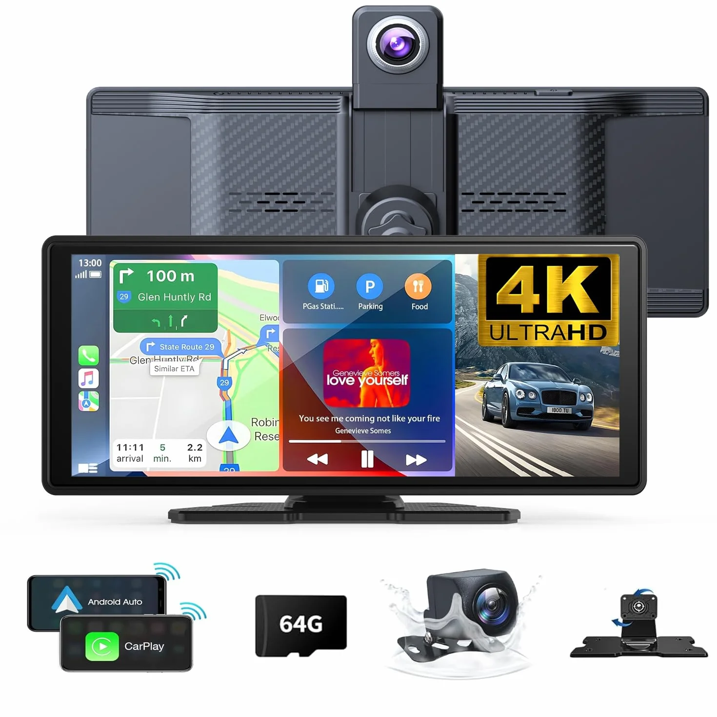 Wireless Carplay Screen 10.26" 360 Rotazione 4K Dash Cam Android Auto Stereo con 1080p Backup Camera GPS Navigation