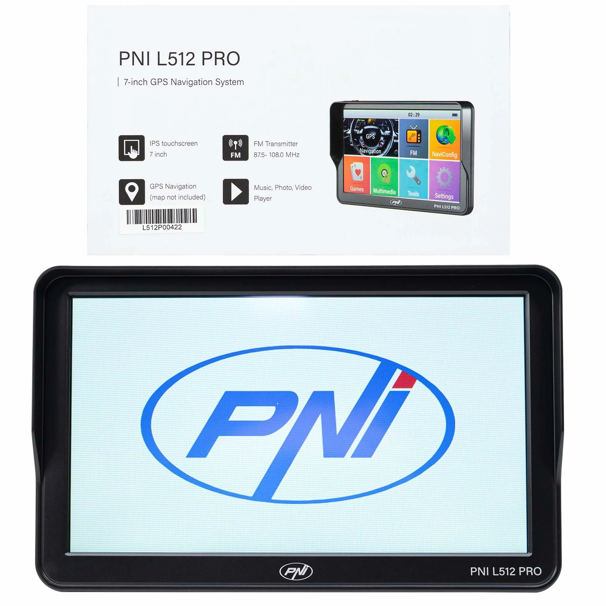 Sistema di navigazione GPS PNI L512 Pro con parasole, 7 pollici, 800 MHz, 512 MB DDR, 16 GB di memoria interna, trasmettitore FM