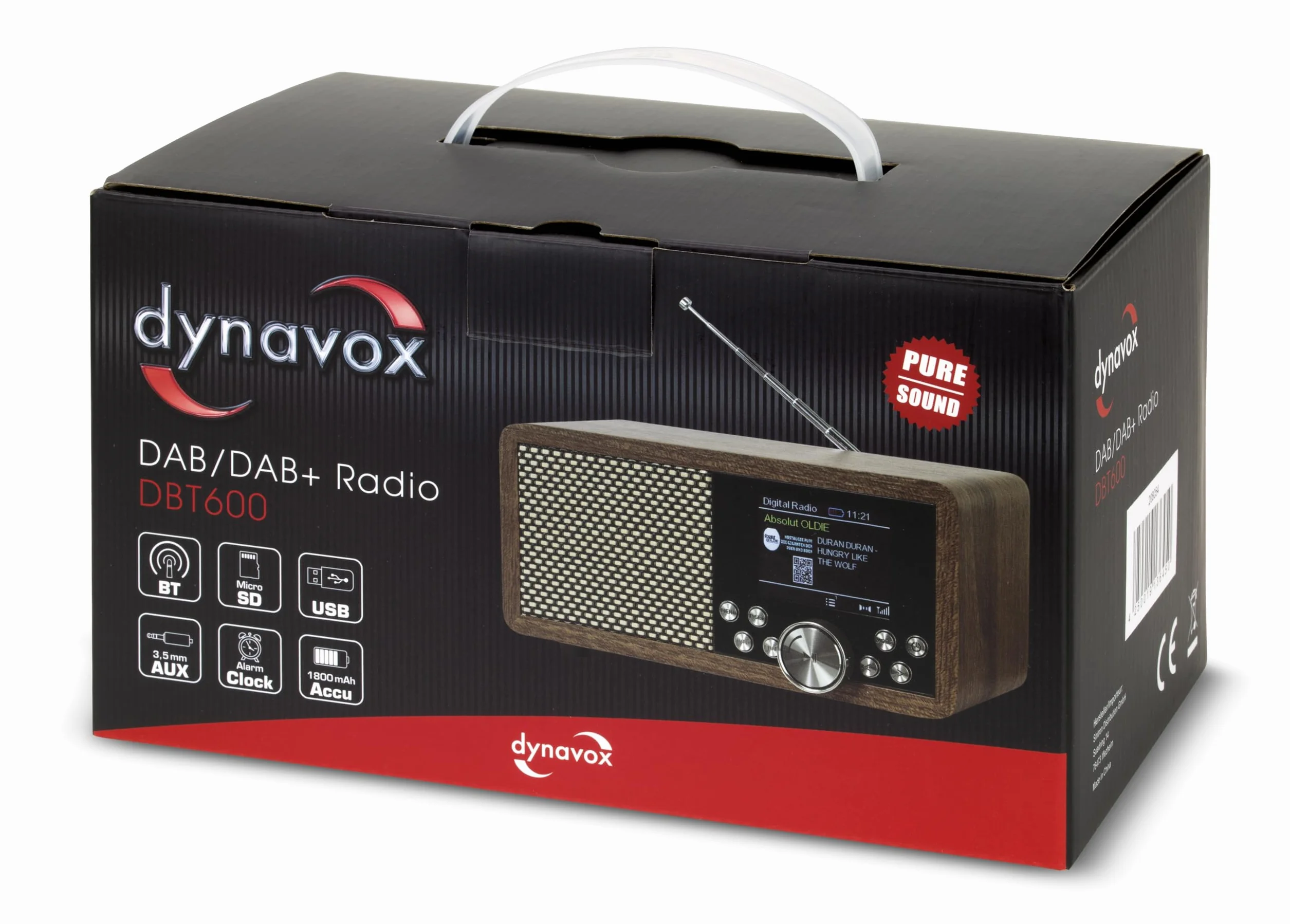 Dynavox DBT600 DAB+ Radio/digitale FM, portatile, ideale come radio da cucina/bagno/ufficio, sveglia, BT, display TFT, funzionamento a rete o batteria, USB/Micro-SD, decorazione in legno marrone