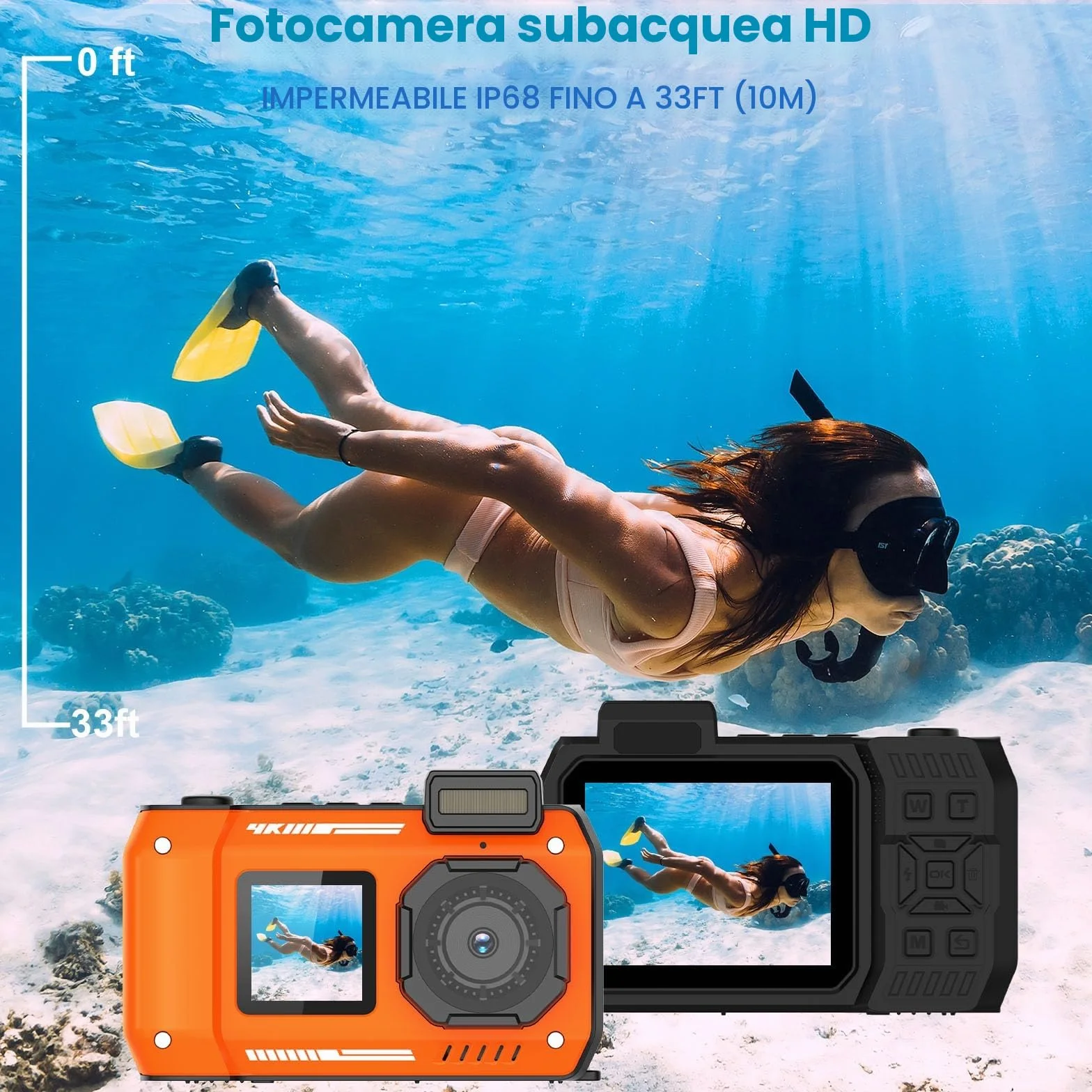 Fotocamera subacquea 4K 48MP impermeabile 32GB doppio schermo robusta antipolvere antiurto autofocus per selfie snorkeling immersioni sport viaggi (arancione)