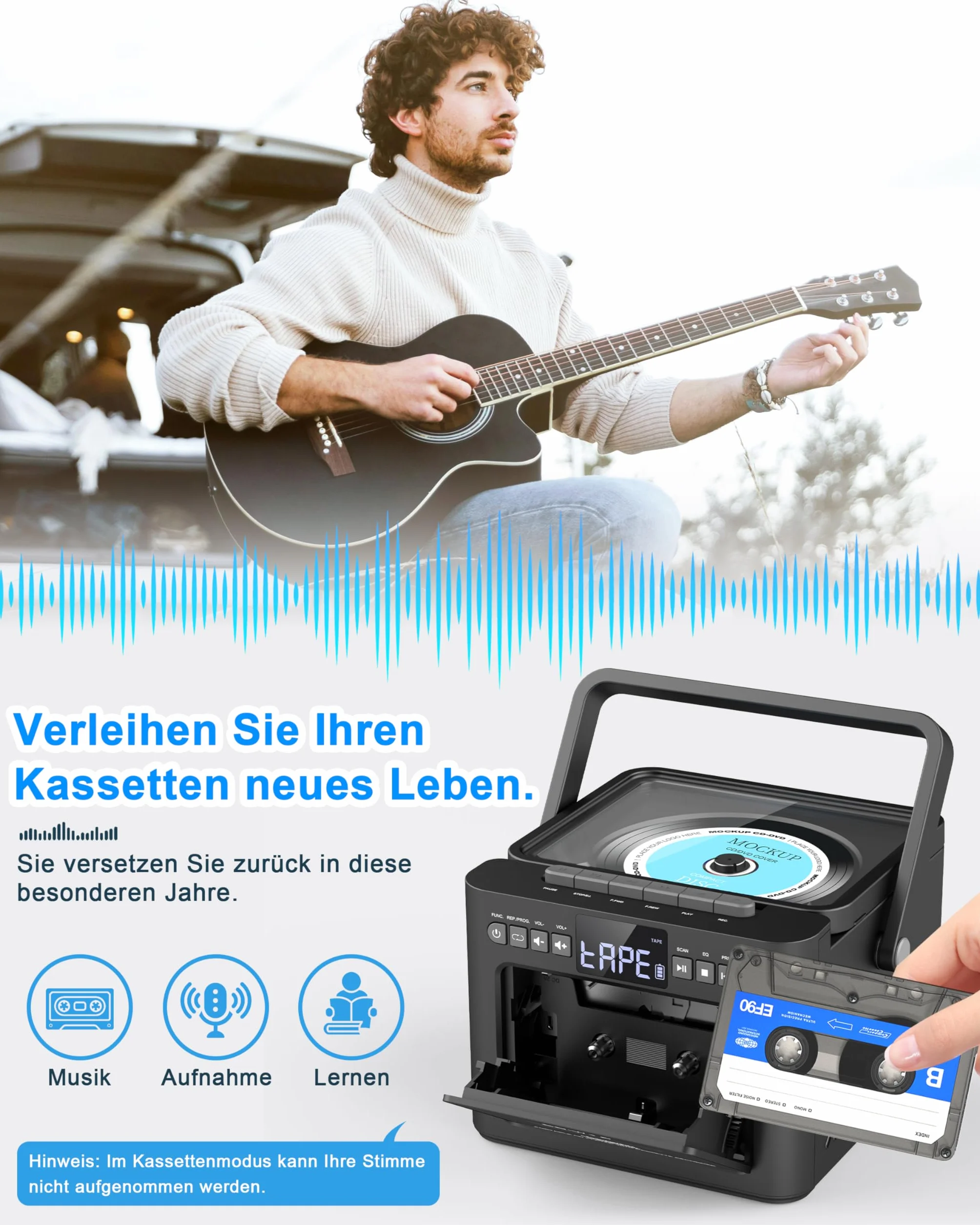 Grado Lettore CD portatile Boombox ricaricabile, Bluetooth, telecomando, batteria 5000 mAh, USB, AUX, scheda TF/SD, altoparlanti stereo 5 W (grigio)