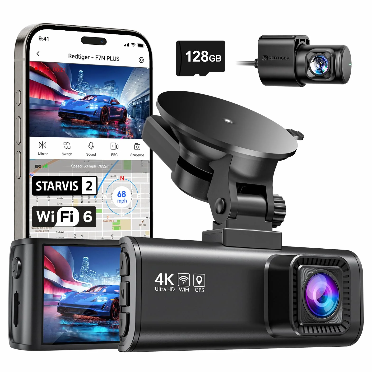 REDTIGER Dash Cam 4K/2.5K Anteriore e Posteriore, STARVIS 2, Schermo IPS 3,18 Pollici, 128 GB Inclusa, WiFi 5,8 GHz, GPS, WDR 170° Grandangolare