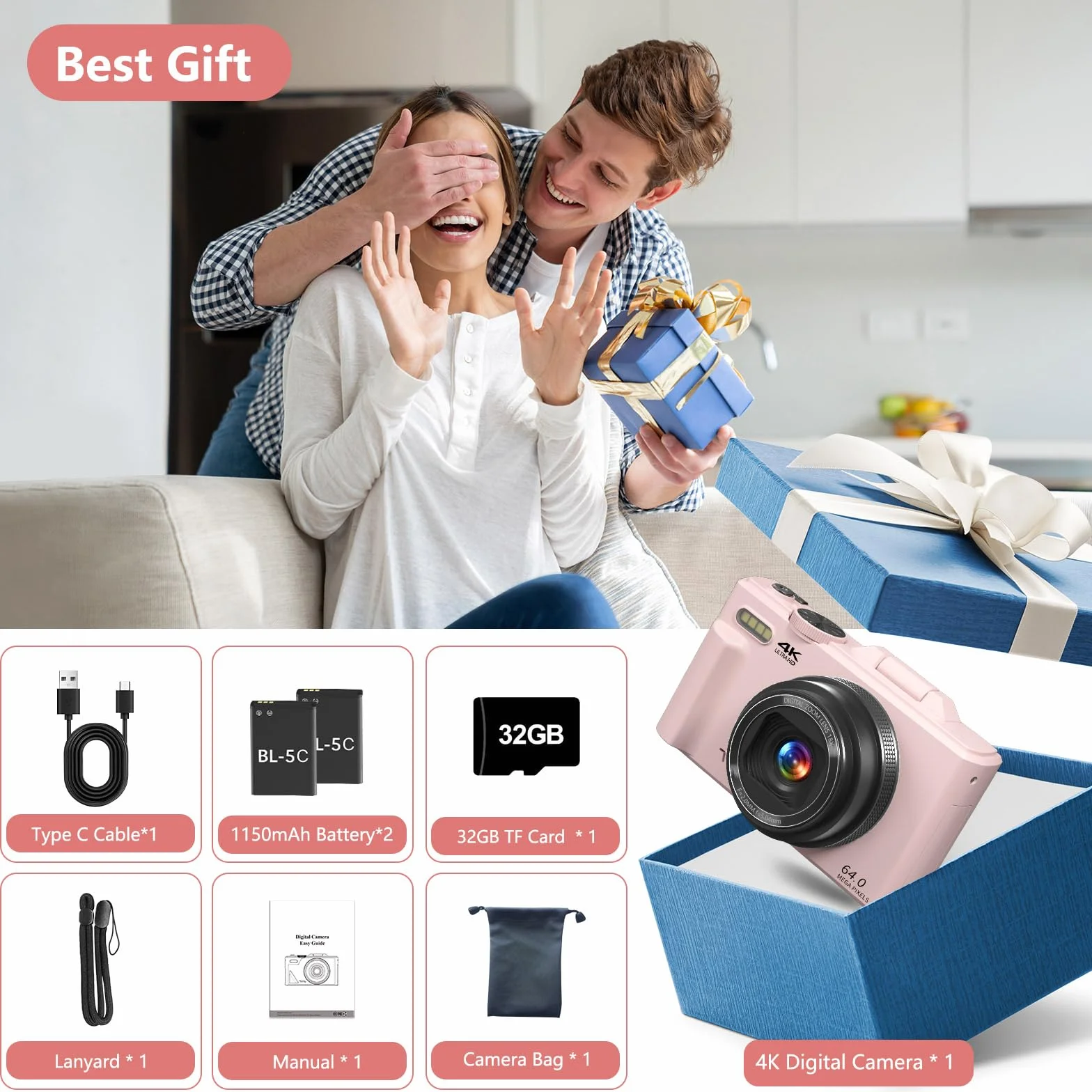 Fotocamera digitale per fotografia, 4K Vlogging Camera per YouTube 3 pollici 180° Flip Screen Zoom digitale 18X Fotocamera compatta con 32GB TF Card & 2 Batterie, Rosa