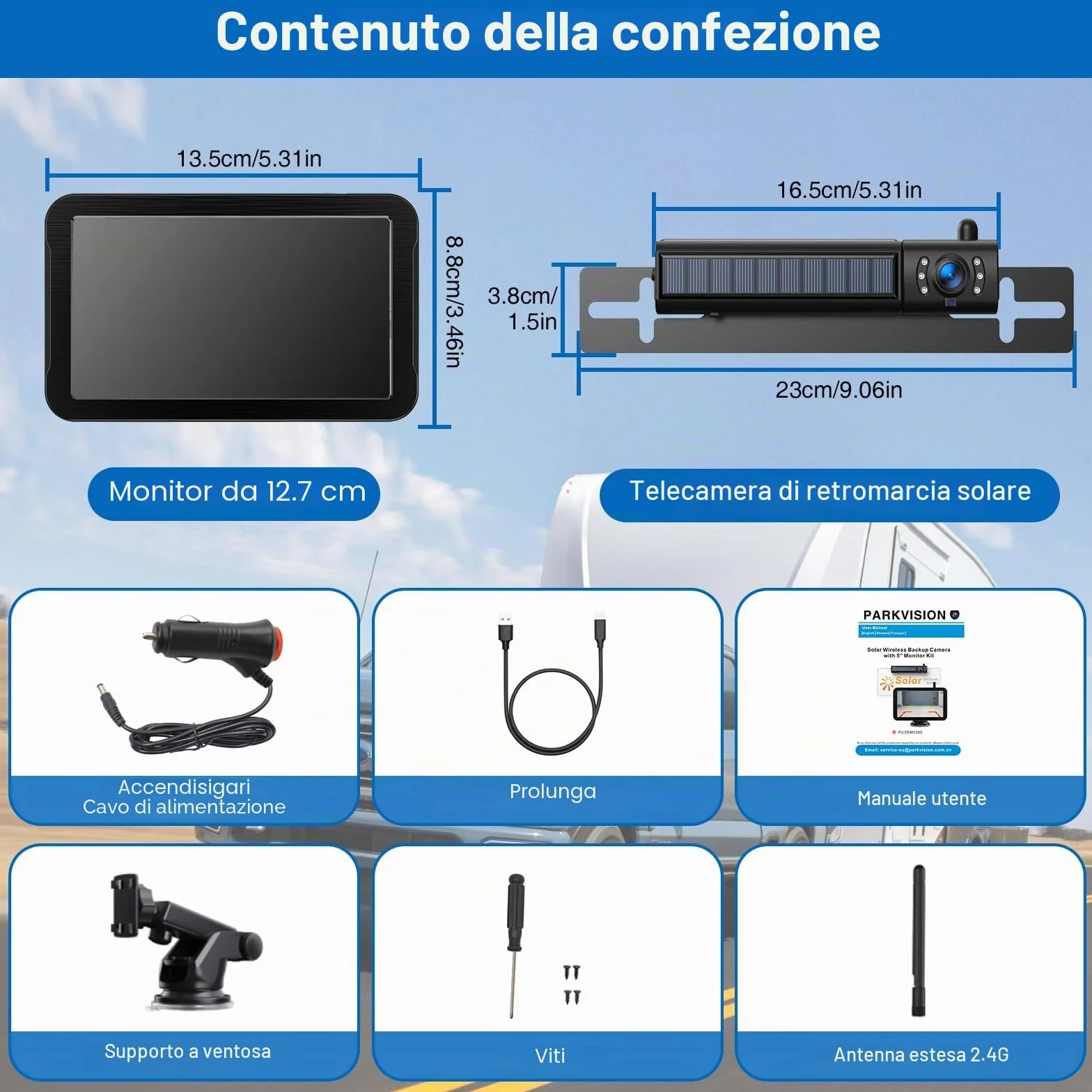 PARKVISION Telecamera di Retromarcia Wireless con Monitor 5" e Pannello Solare - Kit Senza Fili, Batteria Integrata 5000mAh, per Camper, Roulotte, Furgoni, Auto