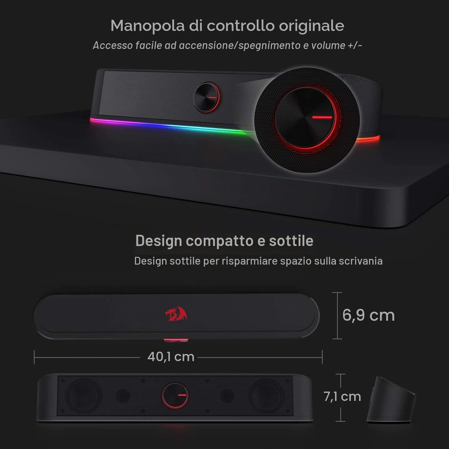 Redragon GS560 Adiemus RGB Desktop Soundbar, Altoparlante per computer a 2.0 canali con barra di illuminazione dinamica, sincronizzazione audio/luce, retroilluminato con controllo touch con manopola