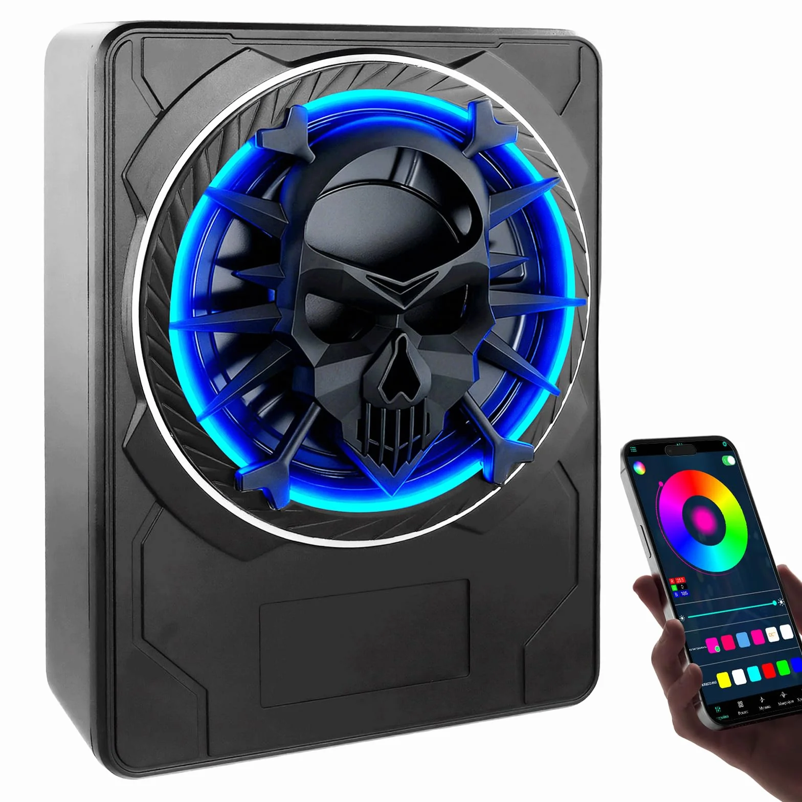 Subwoofer attivo per auto, montabile sotto i sedili, potenza massima 1200W, 10", modulo amplificatore integrato, design compatto ed elegante, illuminazione ambientale RGB controllata tramite APP