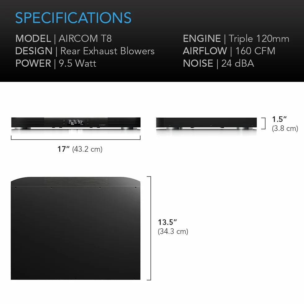 AC Infinity AIRCOM T8, ventola di raffreddamento silenziosa 17" (43 cm) per ricevitore, amplificatore, DVR, componenti AV Cabinet