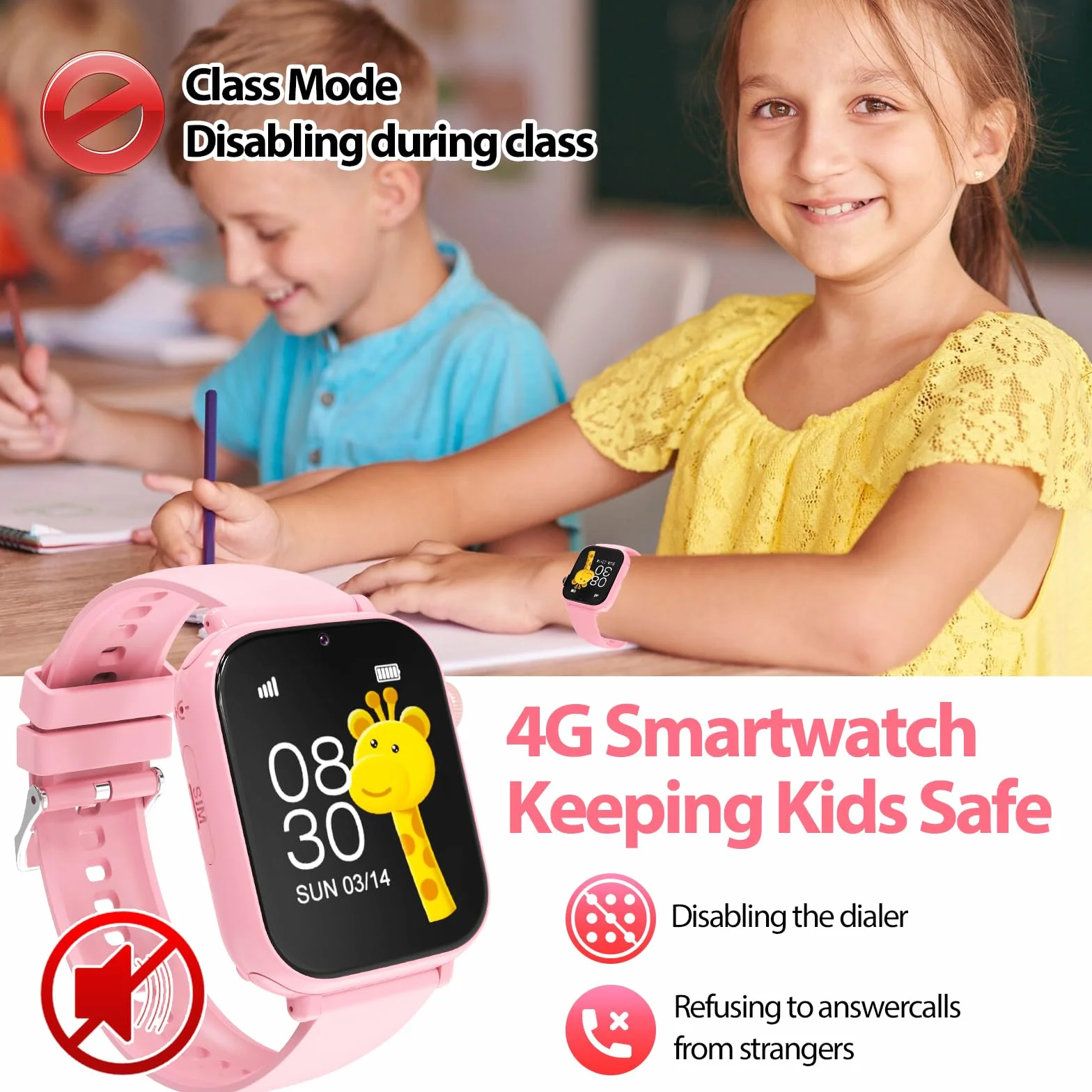 PTHTECHUS Smartwatch per Bambini, 4G Orologio GPS Bambini, Videochiamata e Telefono, WIFI/GPS/LBS Contapassi Ricevi SMS SOS Calcolatrice Timer Sveglia, Regali per Bambini Dai 4 Anni in Su, Rosascuro