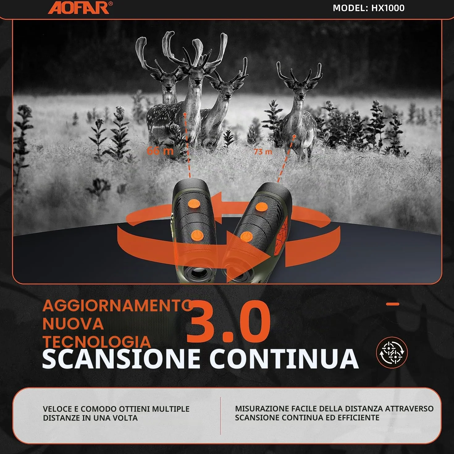 AOFAR HX1000 Telemetro Laser da Caccia 1000 iarde, Misurazione Distanza Angolare e Orizzontale, Modalità Scansione e Velocità, 6x Ingrandimento, Impermeabile, Batteria Inclusa