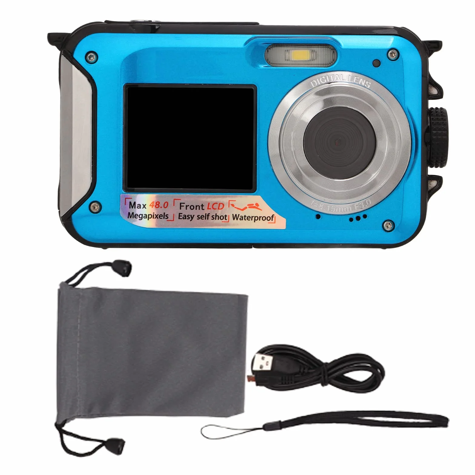 Fotocamera Subacquea, Fotocamera Subacquea da 11FT, Fotocamera Subacquea a Doppio Schermo Full HD 2.7K 48MP Autofocus Selfie con Cinghia Galleggiante, Fotocamera Subacquea con