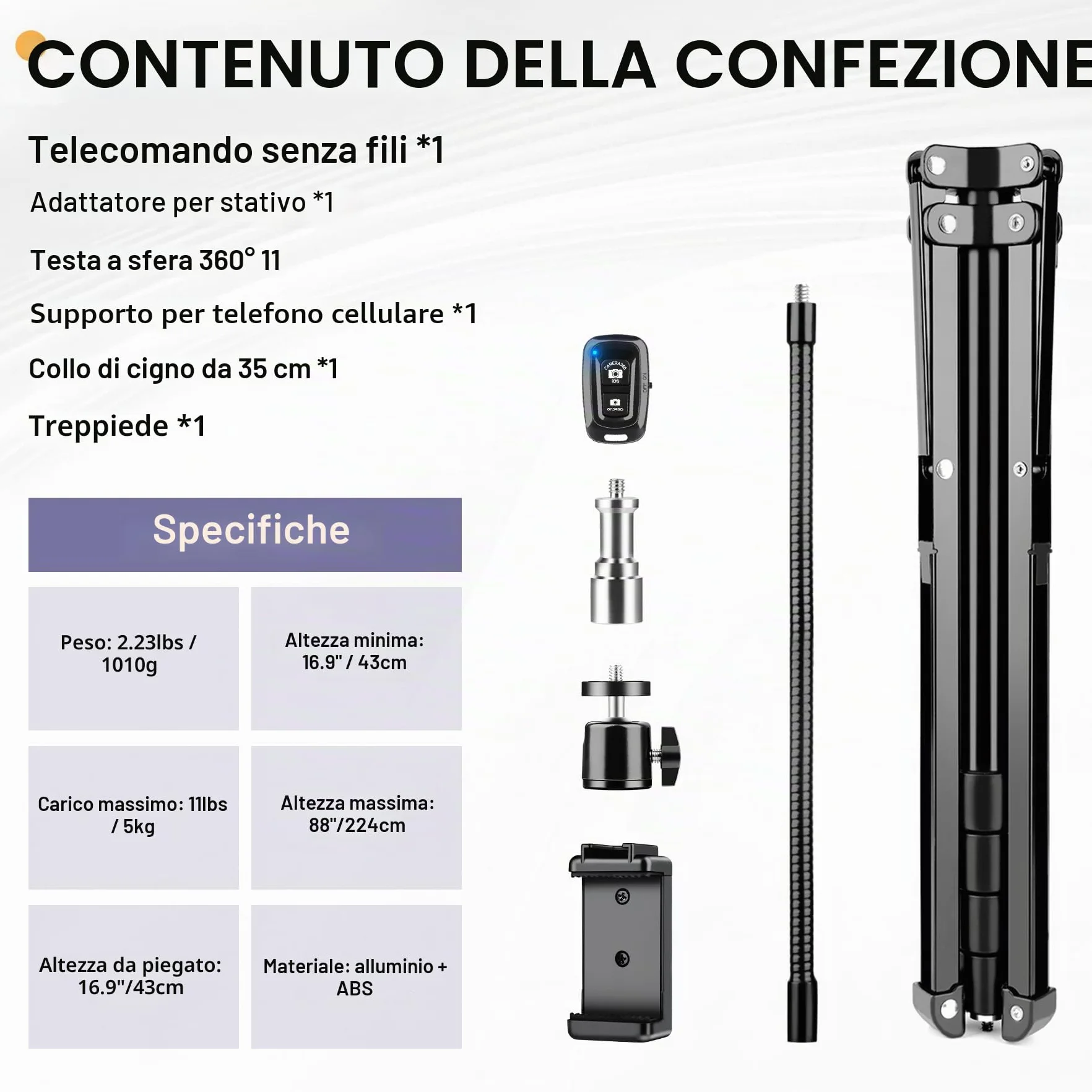 Victiv 224cm Treppiede Smartphone, Cavalletto per Smartphone con 35cm Collo D'oca & Telecomando, Tre Piedi per Telefono, Alluminio Treppiede Fotocamera Treppiedi per iPhone 17/16/15/14/13/12 Pro Max