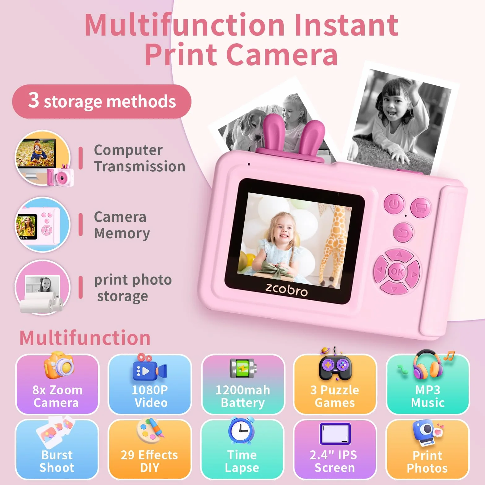 KC5 - Fotocamera a stampa istantanea per bambini (rosa)