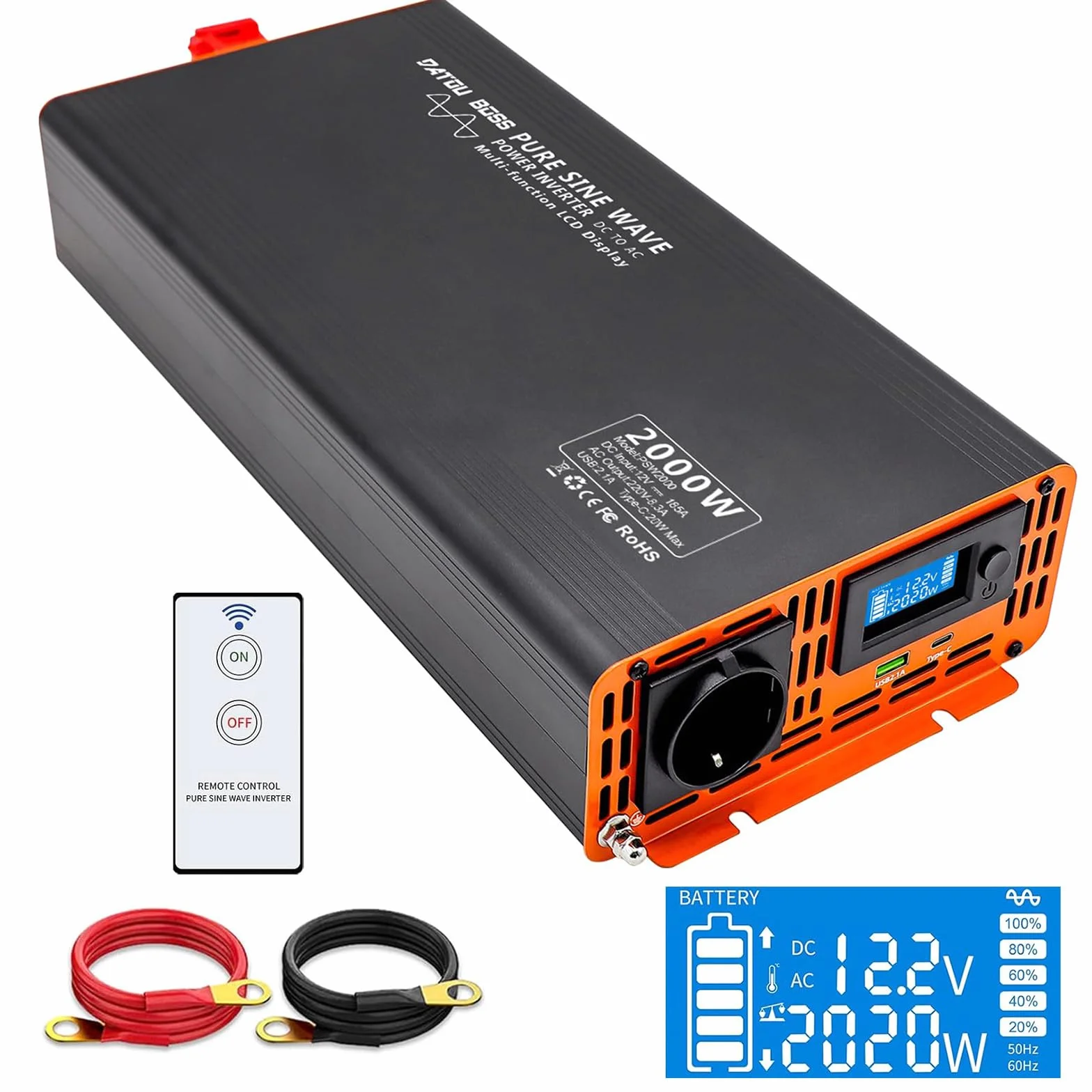 DATOUBOSS Inverter 12V 220V Onda Pura 2000W (4000W Picco) con Telecomando Wireless e Display LCD – Convertitore per Camper, Campeggio, Auto, Barche, Laptop e Frigorifero