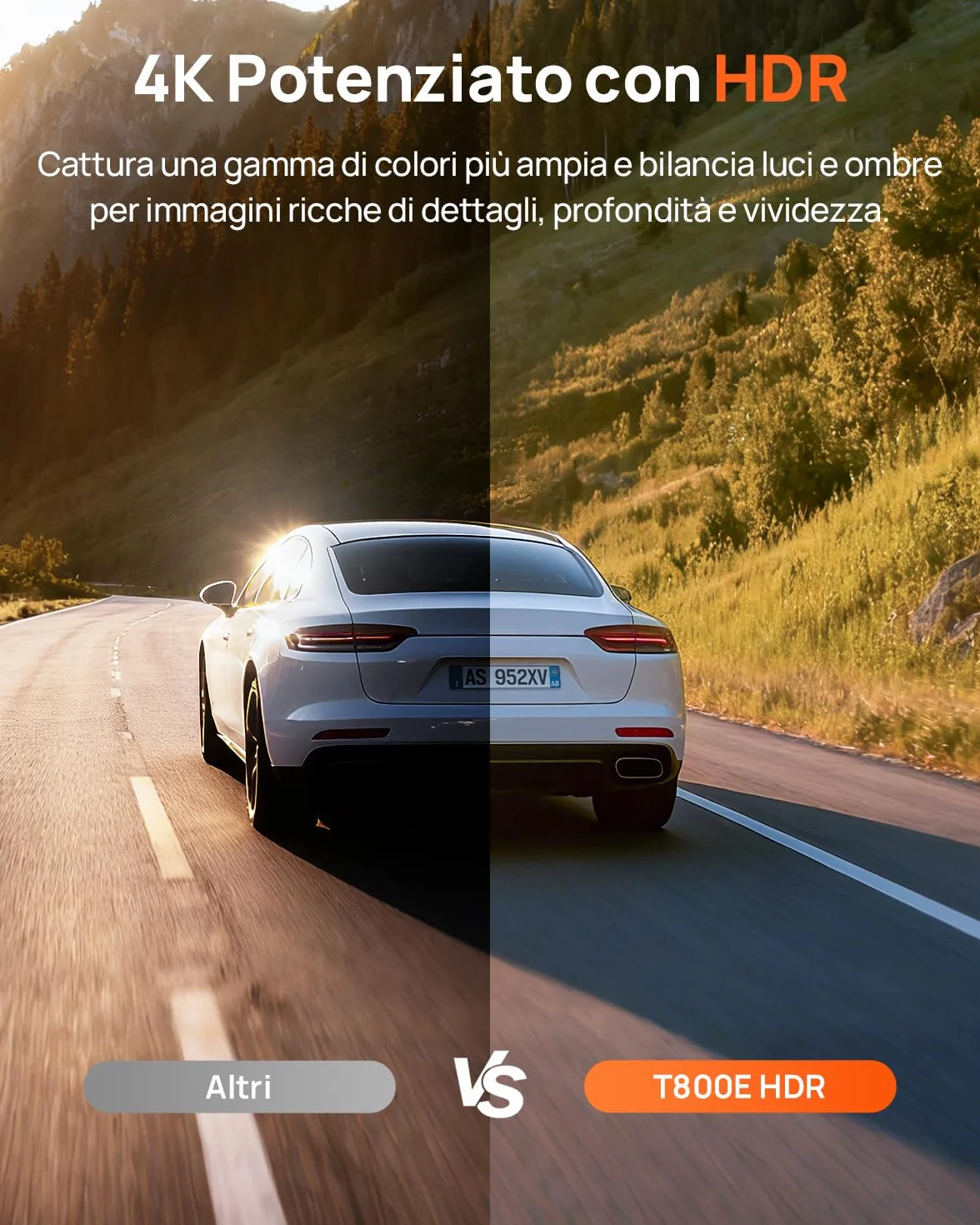 70mai T800E Dash Cam 4K 3 Canali Tripla Telecamera Anteriore e Posteriore 4K+1080P+1080P HDR Visione Notturna IR GPS Supercondensatore 64 GB SD