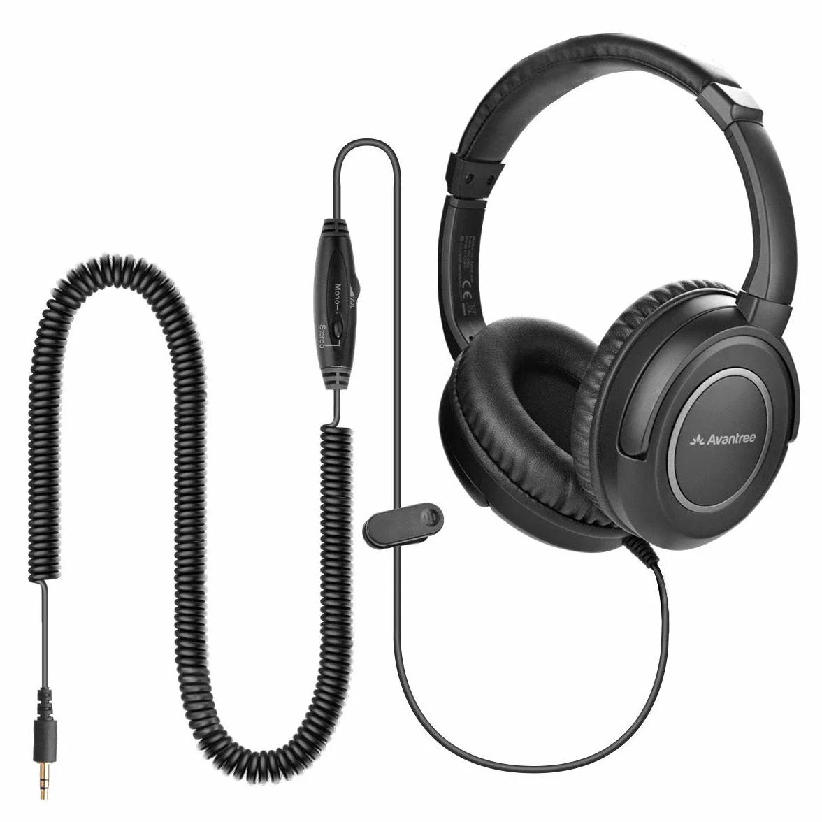 Avantree HF039 Cuffie Con cavo a spirale extra lungo per TV, 5 Metri, Cuffie Over-ear, uscita audio 3.5mm, cuffie audio stereo con controllo del volume sul filo