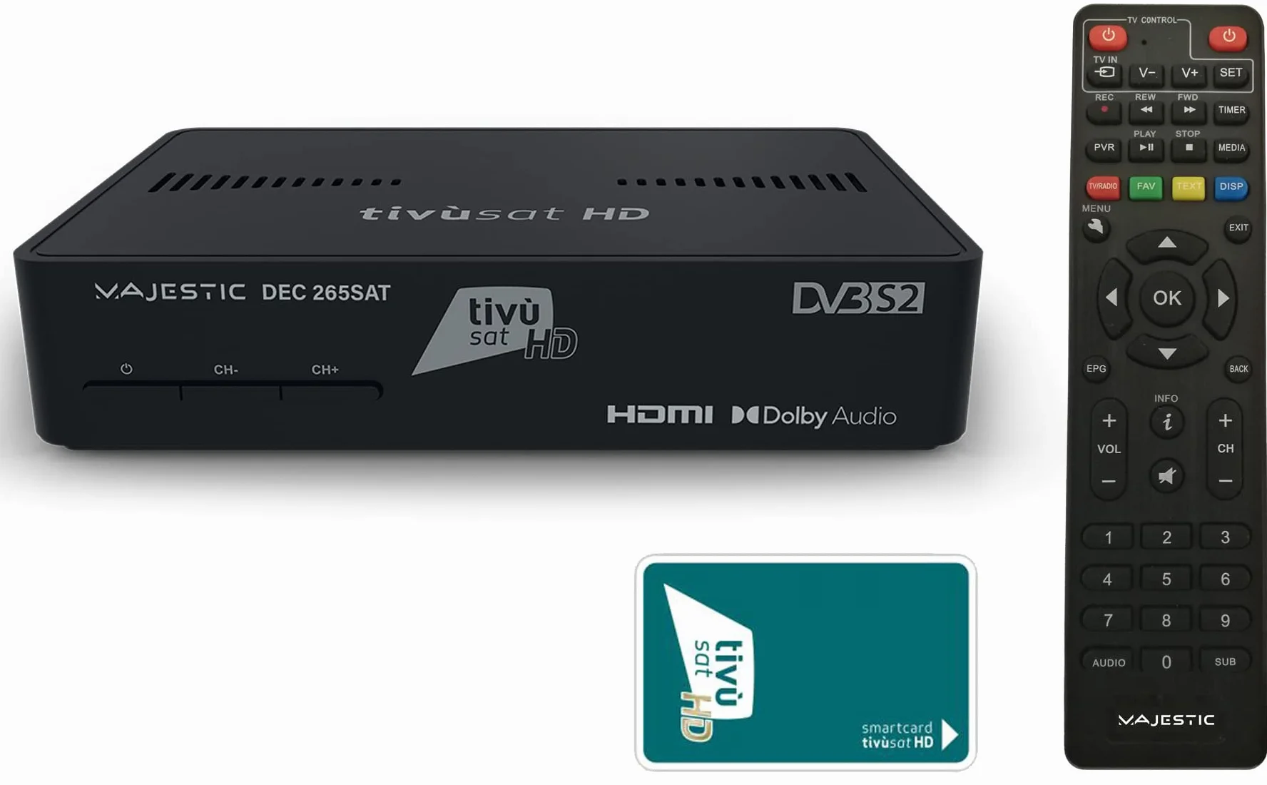 Majestic DEC 265 SAT - Decoder satellitare tivù sat, supporto HEVC MAIN 10, telecomando programmabile, smart card HD e ingresso USB