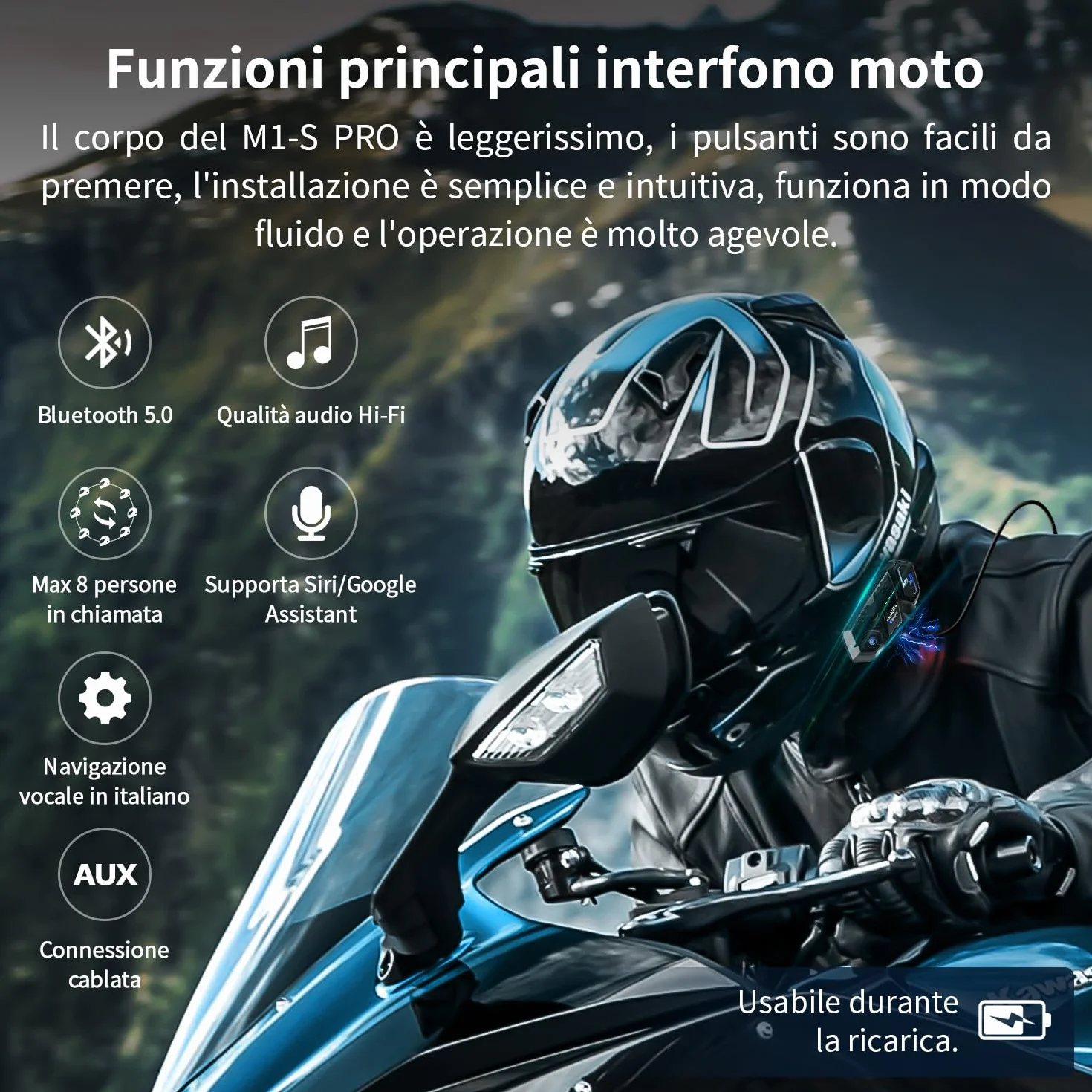 Fodsports M1-S PRO Interfono Moto V2.1, Interfono Casco Moto da 2000m per 8 Motociclisti, 5.0 Bluetooth Auricolare Moto con Condivisione Musicale, Audio Multitasking Cablato, Cancellazione del Rumore