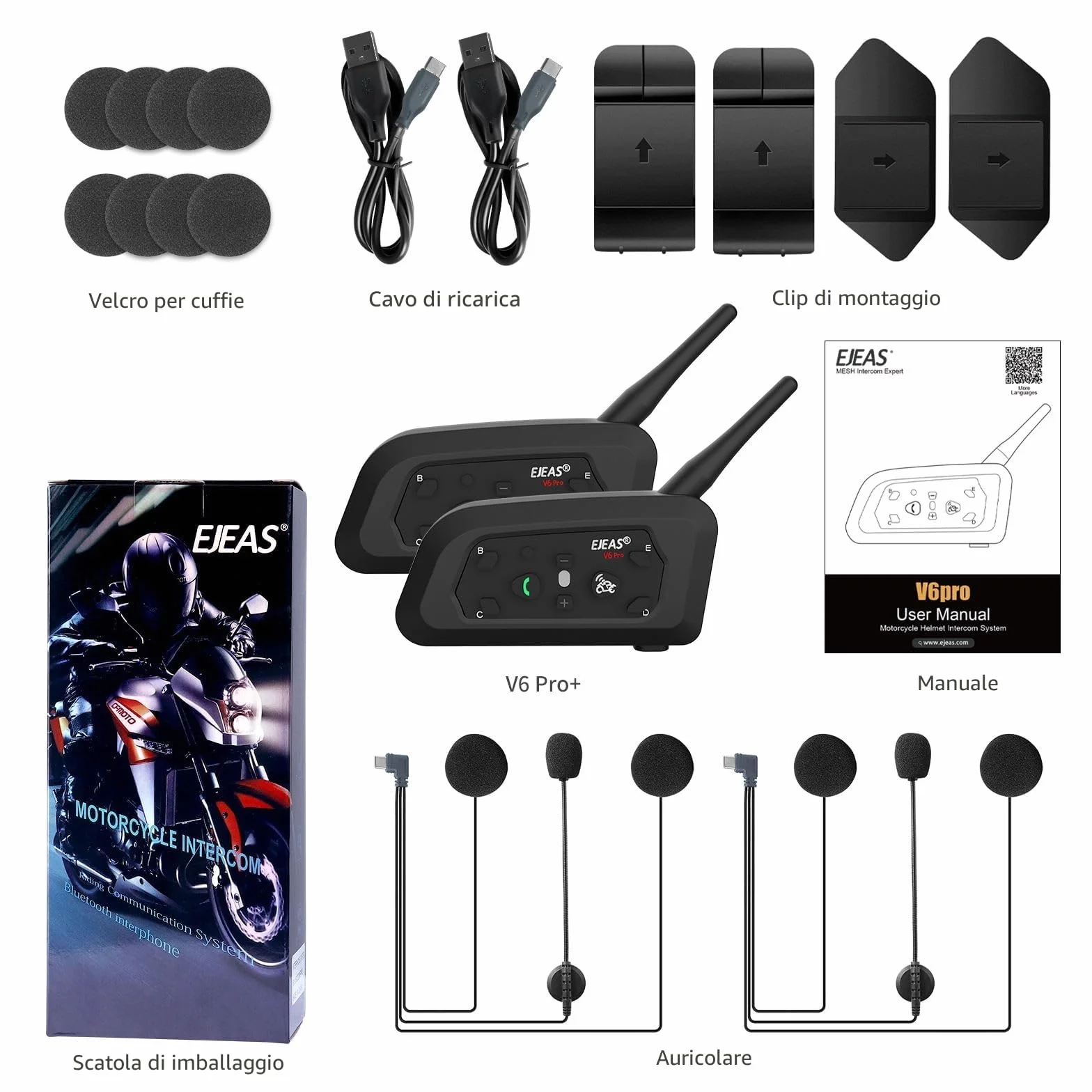 EJEAS V6 Pro+ Interfono Bluetooth per Casco Moto, Sistema di Comunicazione Bluetooth 5.1, Interfaccia Tipo C, 2 Confezione