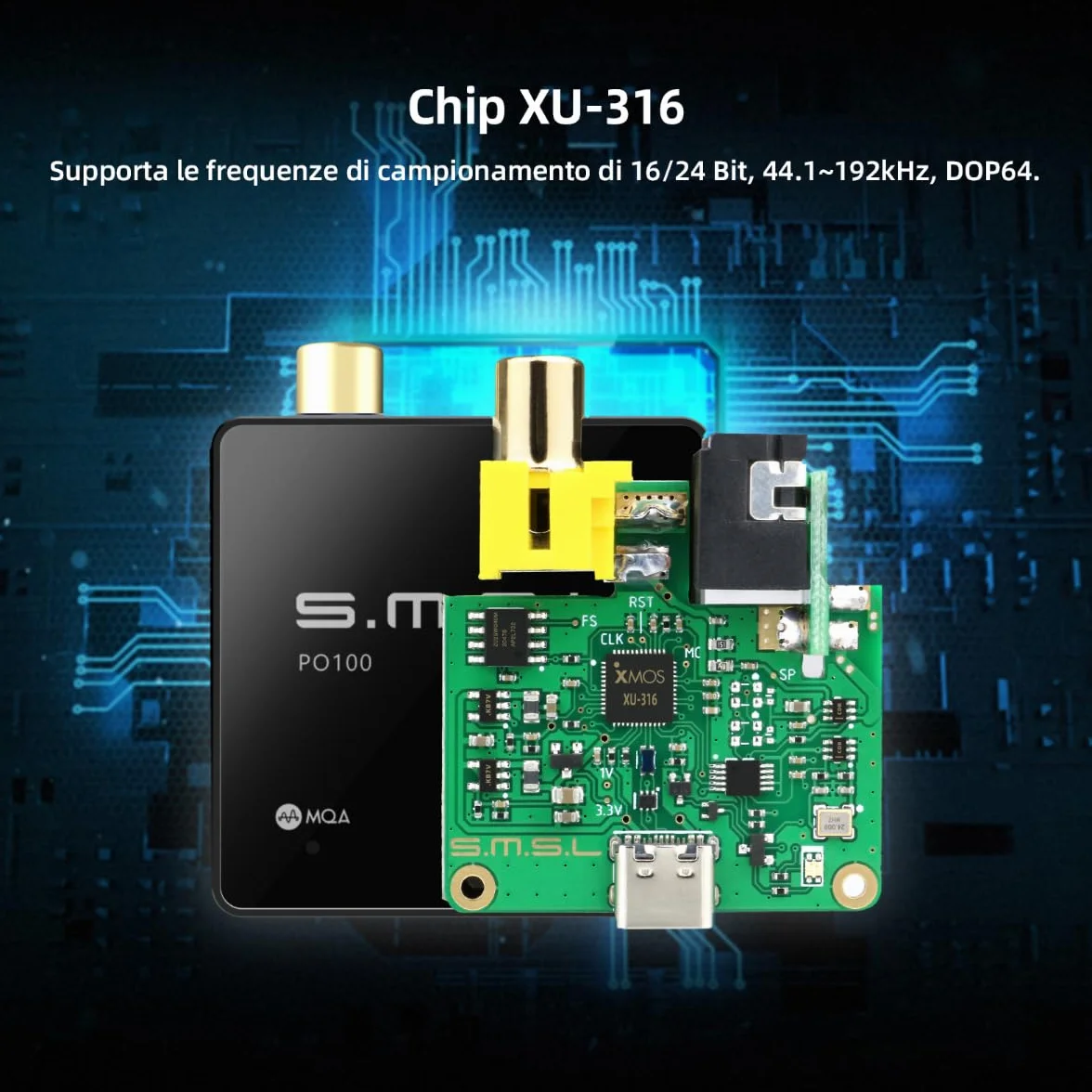 SMSL PO100 192kHz Adattatore Audio USB a Ottico XMOS XU316 Tipo-C SPDIF Coassiale Argentato