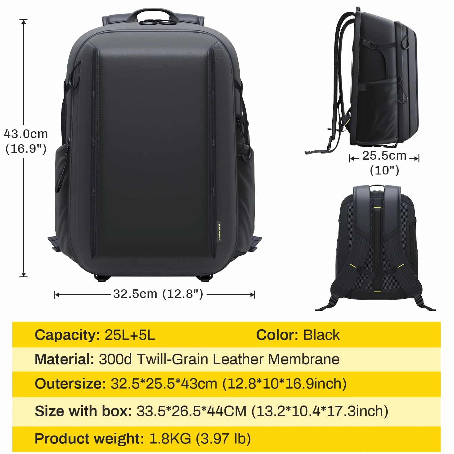 RaLeno 25 L+5 L Zaino per fotocamera, custodia rigida impermeabile con 5L scomparto frontale espandibile per fotocamera DSLR SLR Mirrorless, compatibile con drone DJI Mavic / 16 laptop/treppiede