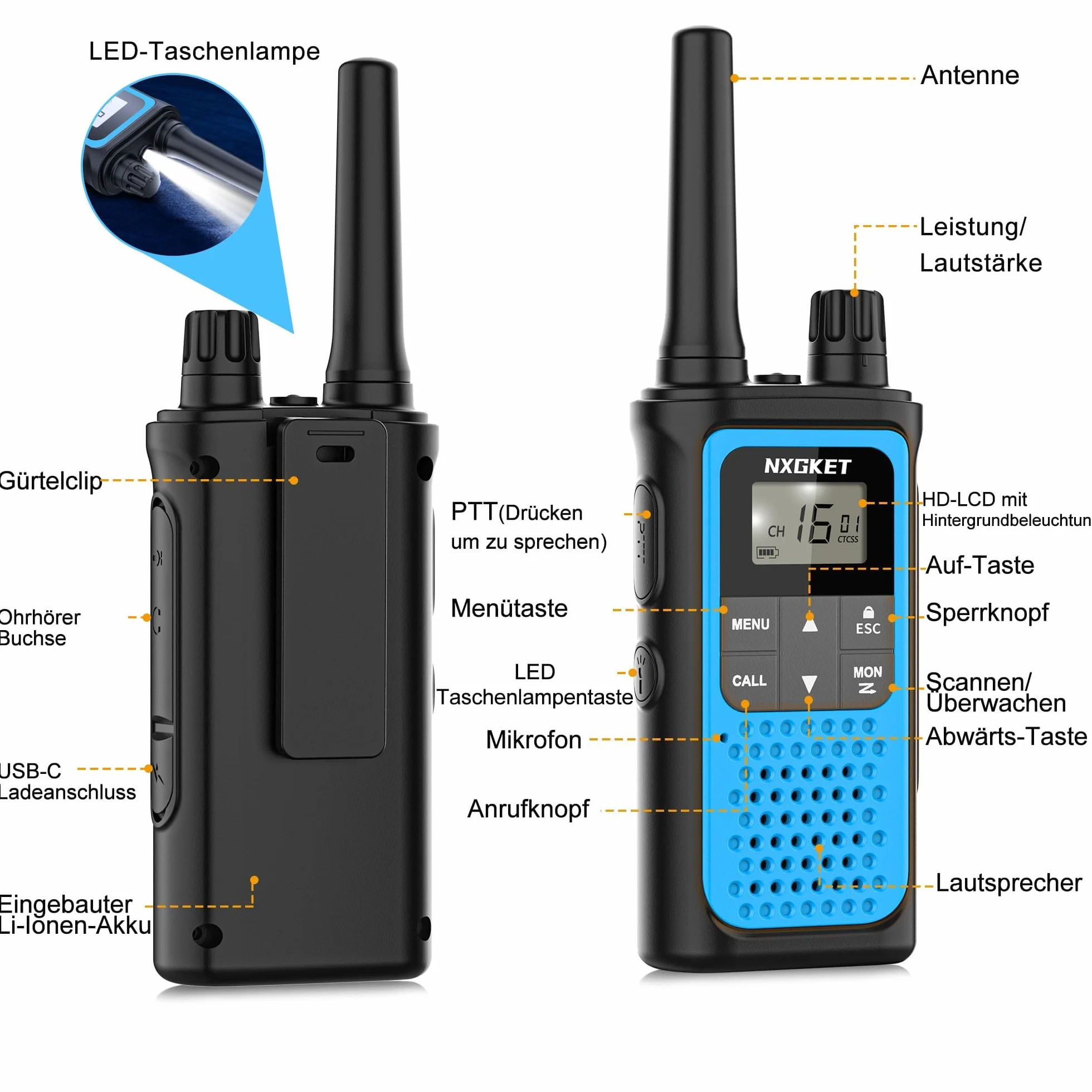 Walkie-Talkie Ricaricabili,NXGKET PMR446 Senza Licenza Radioline Walkie Talkie con batteria integrata Woki Toki 16 Canali Radio con Torcia Funzione VOX per Attività all'aperto,Ciclismo(3 pezzi)