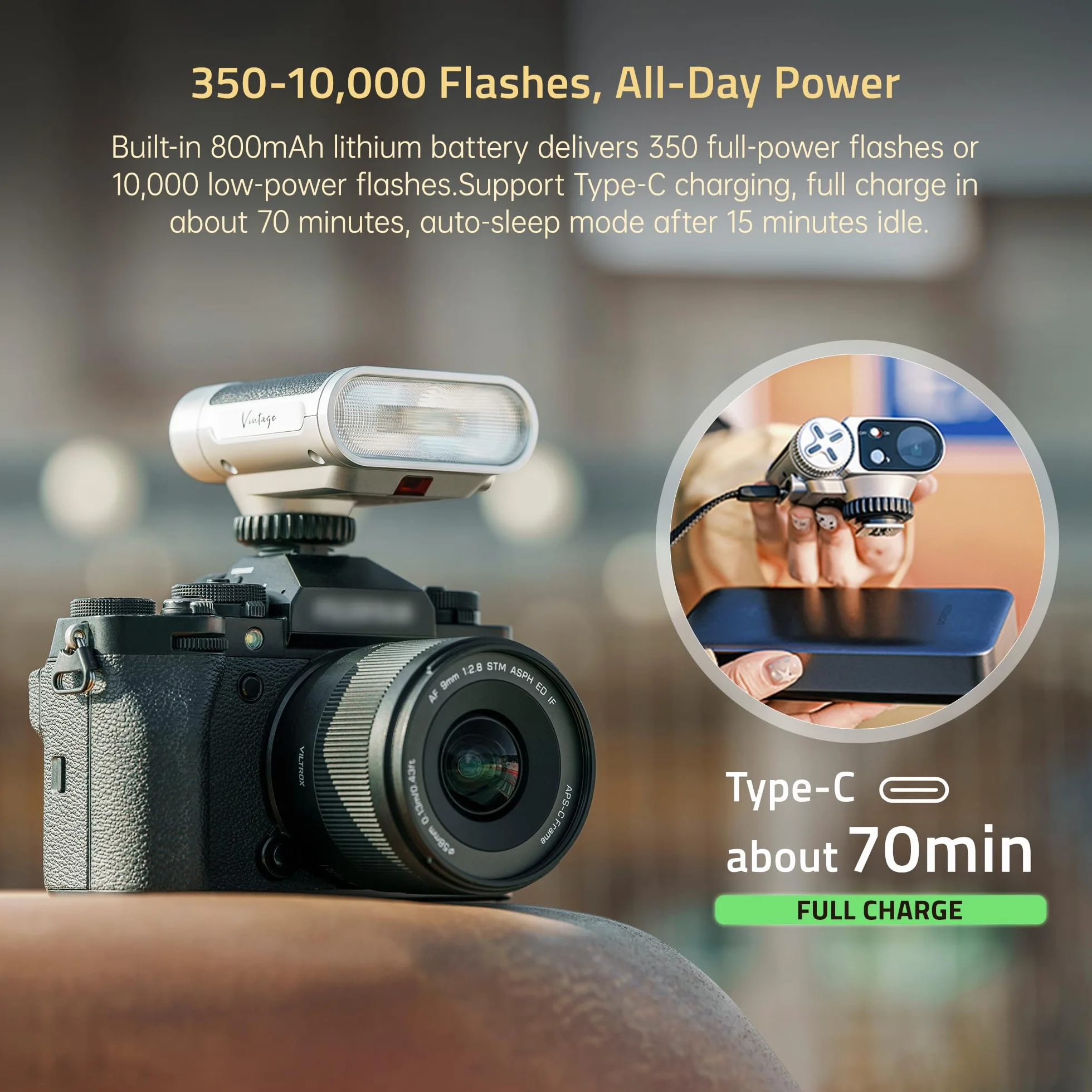 VILTROX Vintage Z1 Pro TTL Retro On-Camera Flash con Touch Display, 24Ws 1s Riciclare GN12 CCT 6000K ± 200K Mini Flash per Fotografia Portatile Illuminazione (per Nikon)