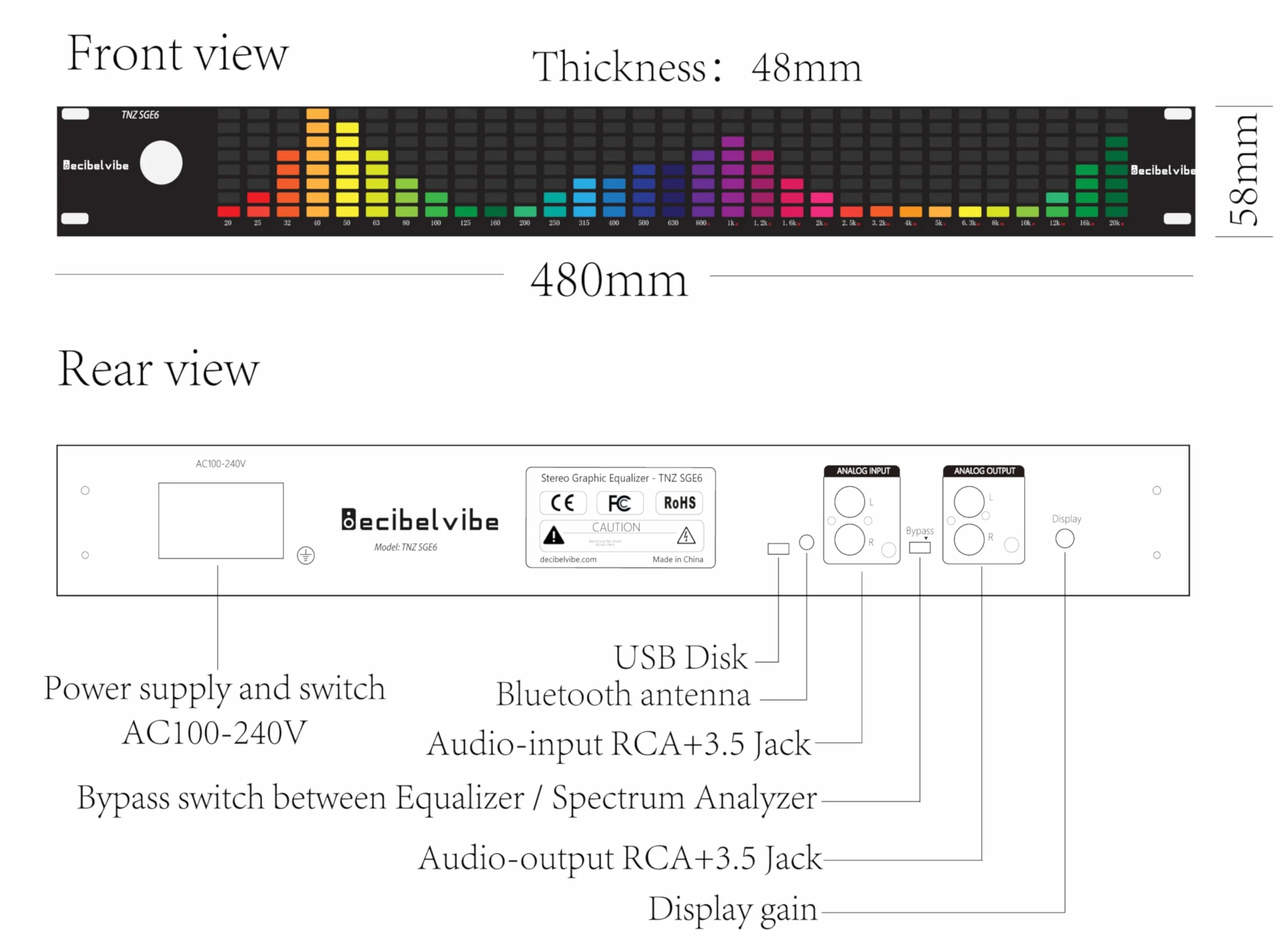 Decibelvibe TNZ SGE6 - Equalizzatore grafico audio con ingresso/uscita RCA-Jack 3.5, ingresso wireless tramite microfono integrato, ingresso USB e Bluetooth, preamplificatore audio per sistemi
